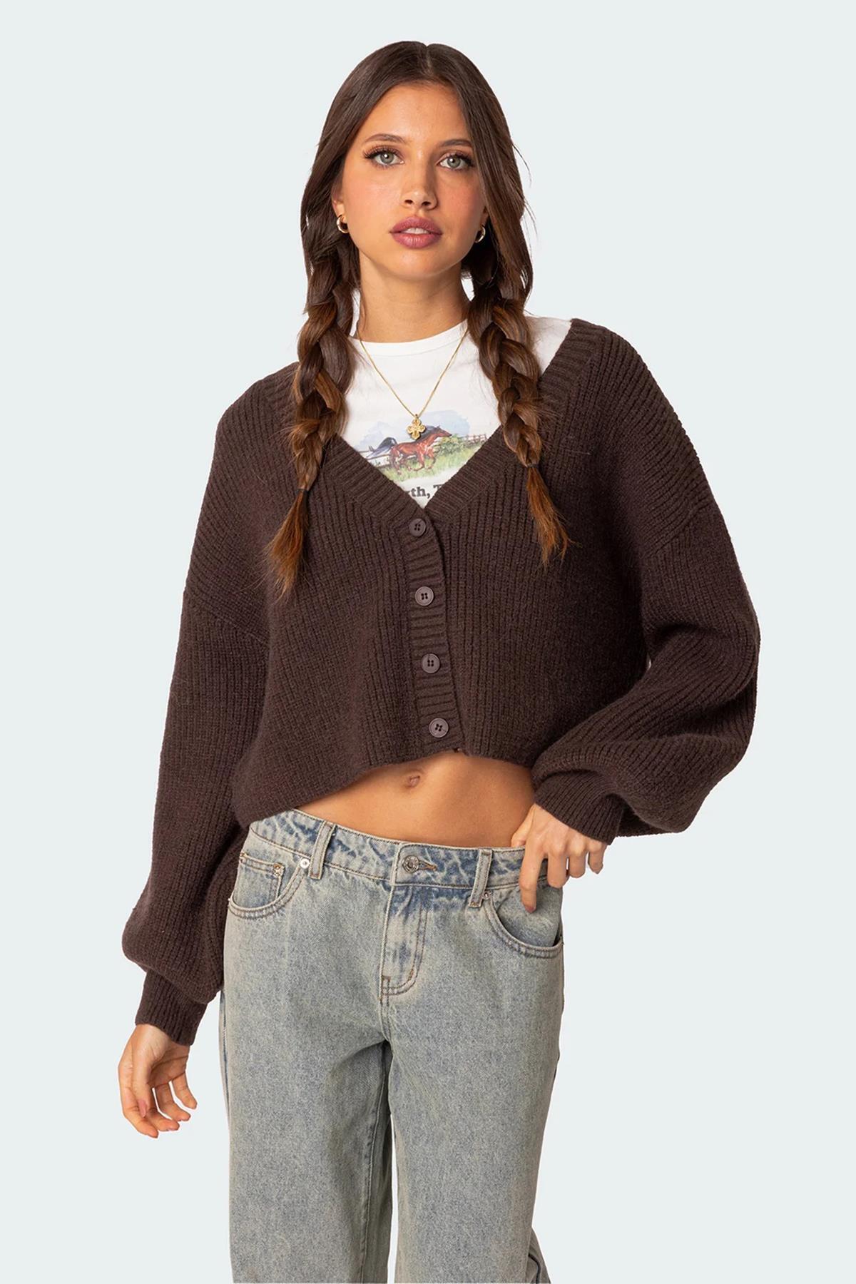 Madmext Brown Buttoned Knitwear Sweater Cardigan
