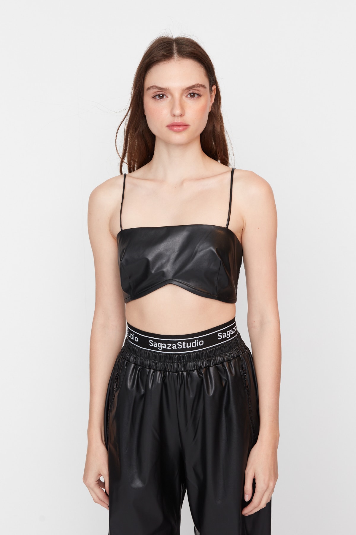 Trendyol X Sagaza Studio Black Faux Leather Bustier