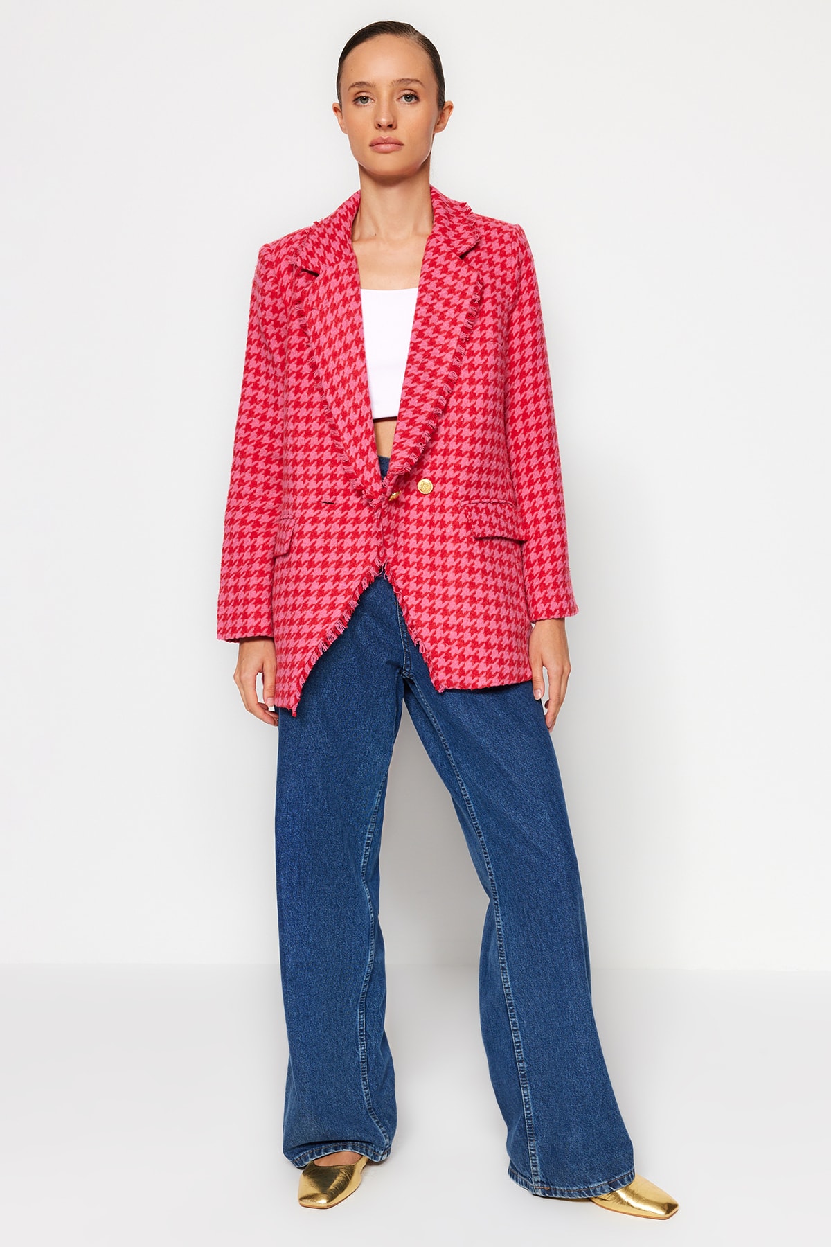 Trendyol Fuchsia Tweed Regular Lined Double Breasted Closure Woven Houndstooth Blazer Jacket