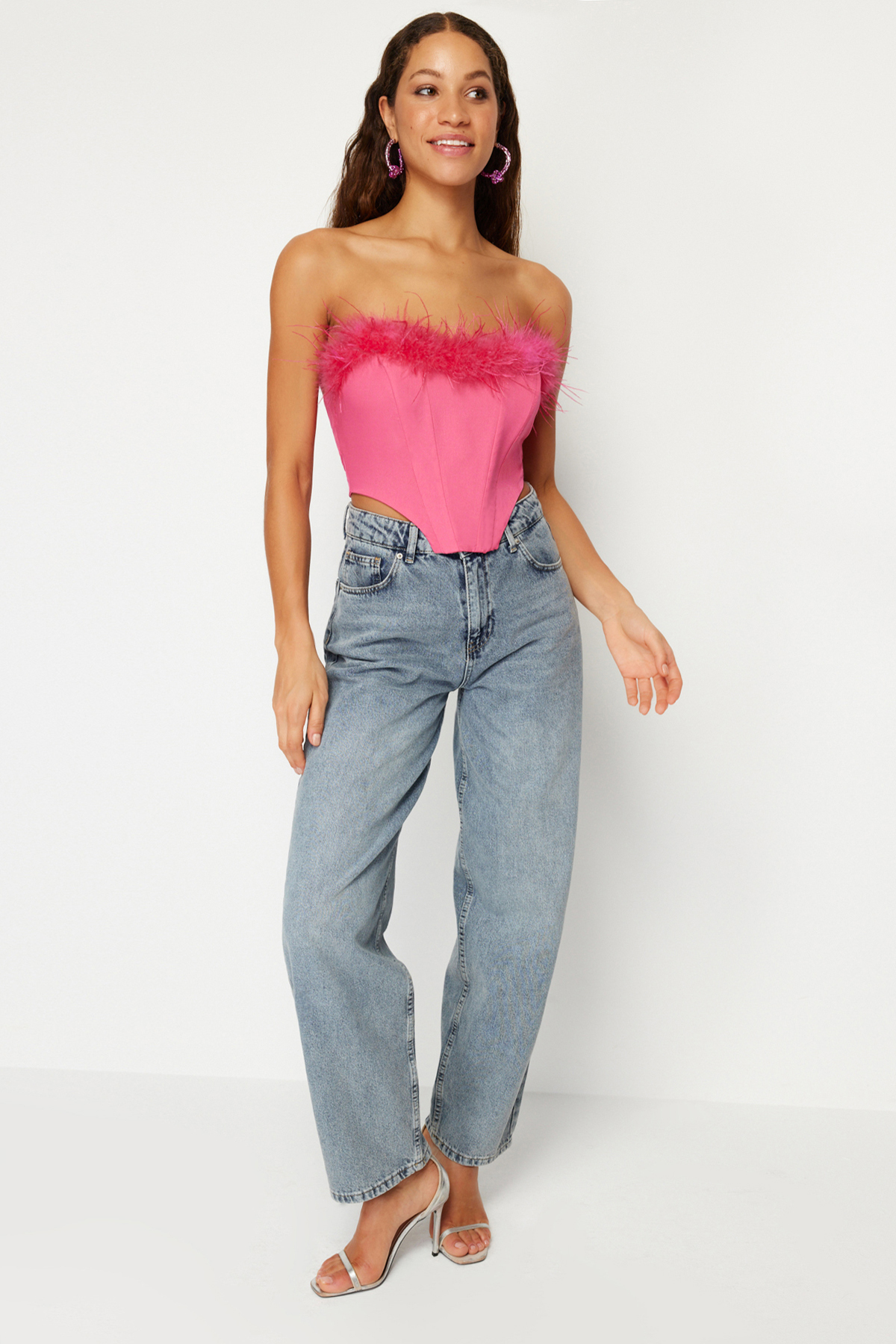 Trendyol Fuchsia Crop Lined Corset Detailed Woven Bustier