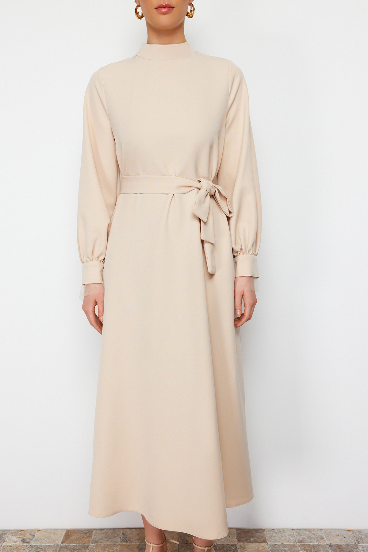 Trendyol Beige Stand Collar Belt Detailed Woven Dress