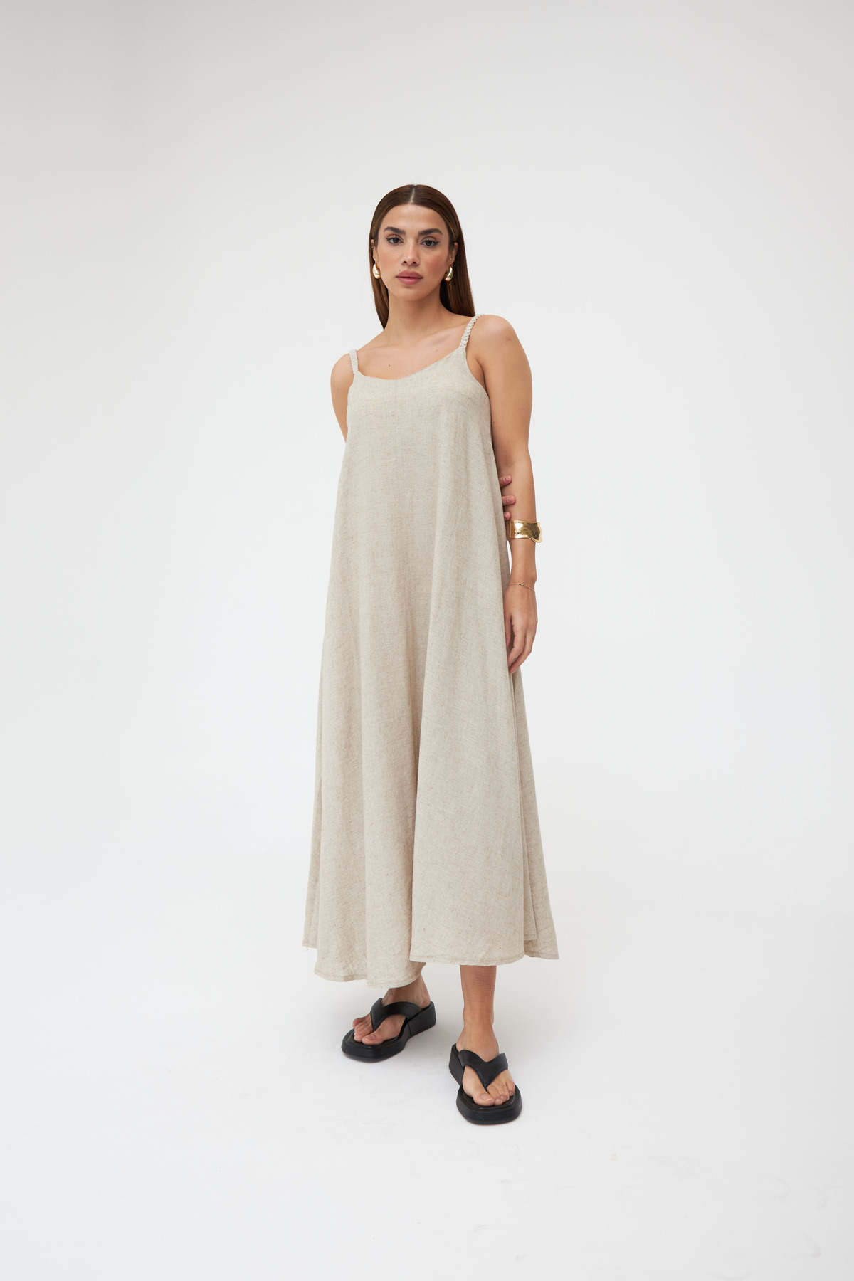 Laluvia Stone Color Knit Strap Linen Long Dress
