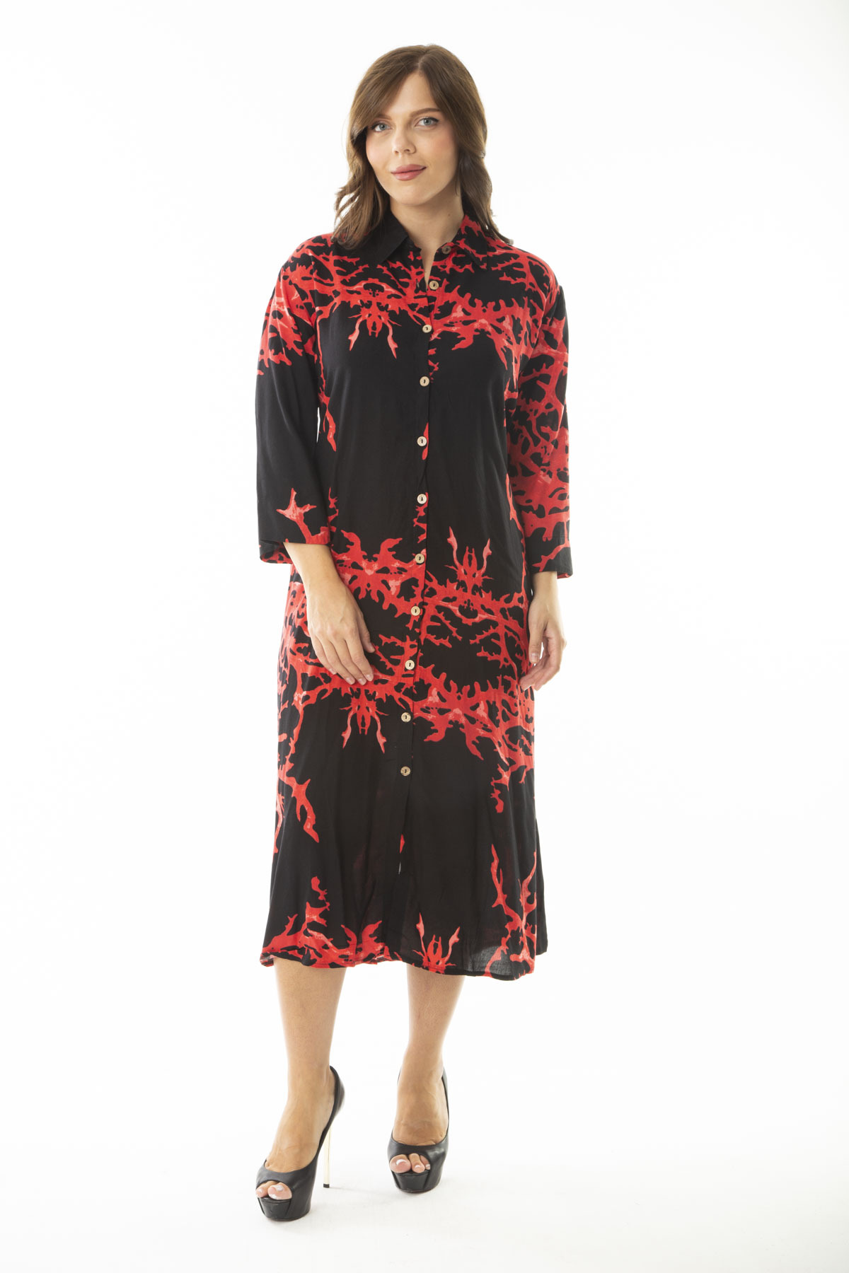 Levně Şans Women's Plus Size Red Woven Viscose Fabric Front Length Buttoned Long Sleeve Dress