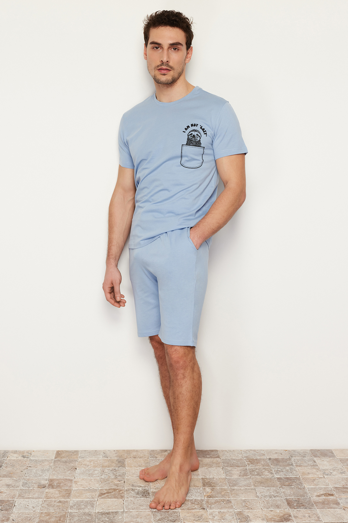Levně Trendyol Blue Printed Regular Fit Knitted Summer Shorts Pajamas Set