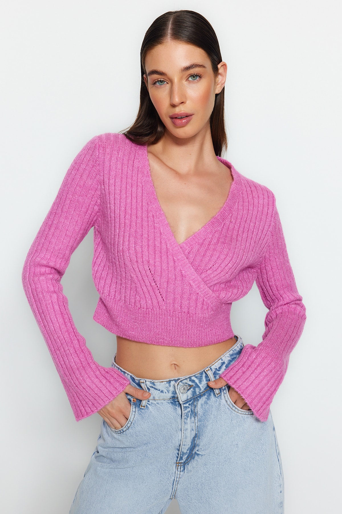 Levně Trendyol Pink Crop Soft Textured Double Breasted Knitwear Sweater