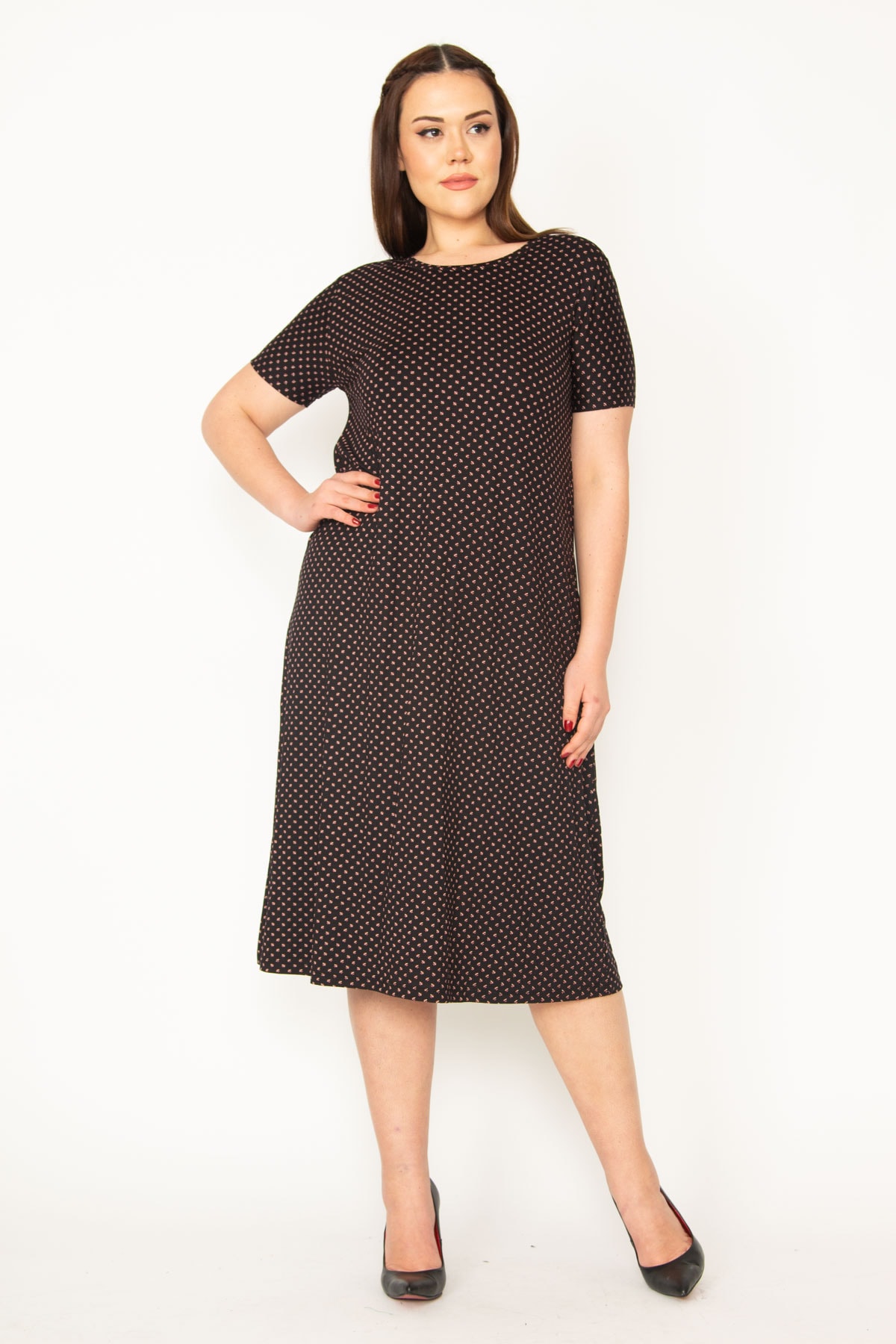 Şans Women's Large Size Black Floral Print Short Sleeve Viscose Dress