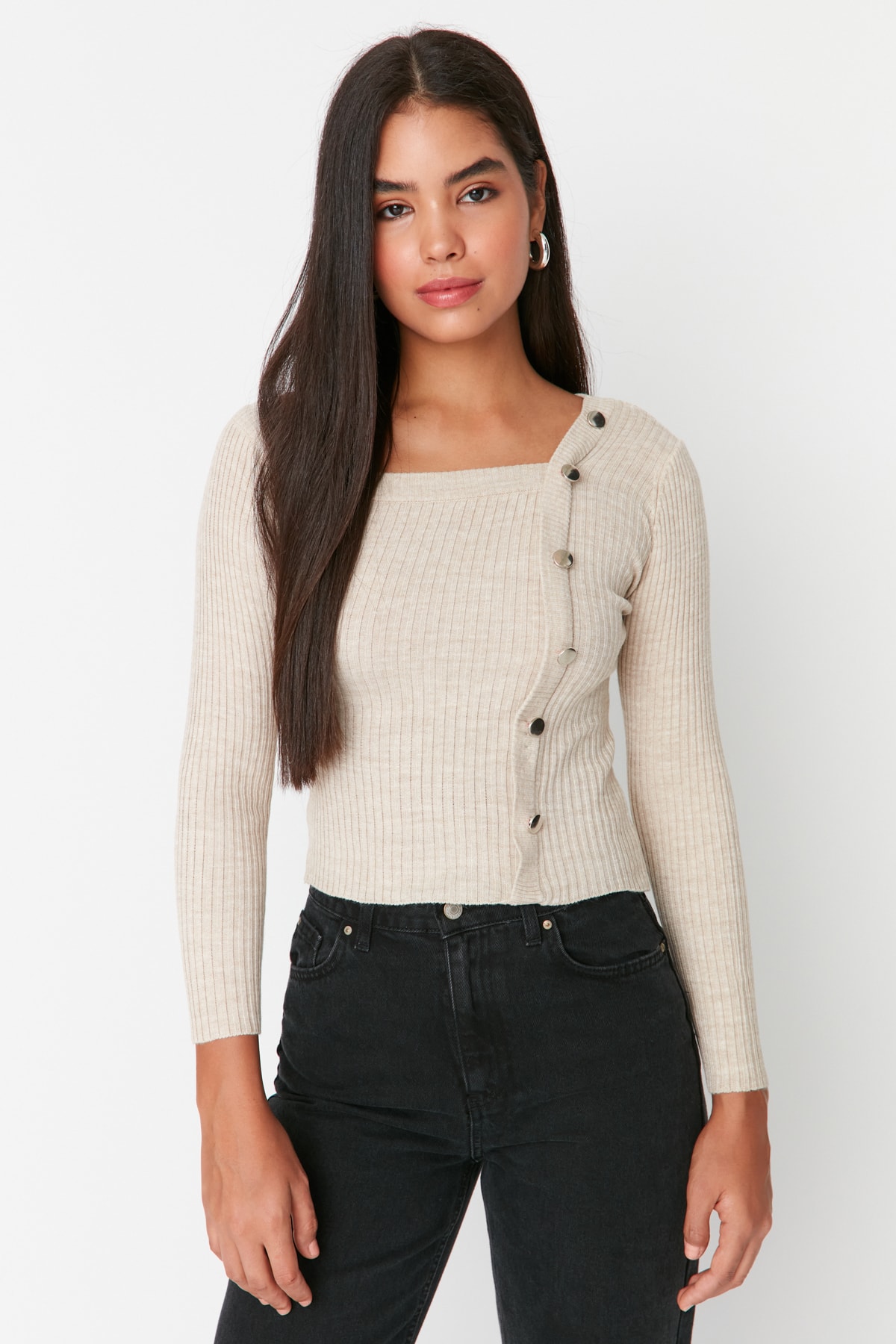 Trendyol Beige Button Detailed Knitwear Sweater