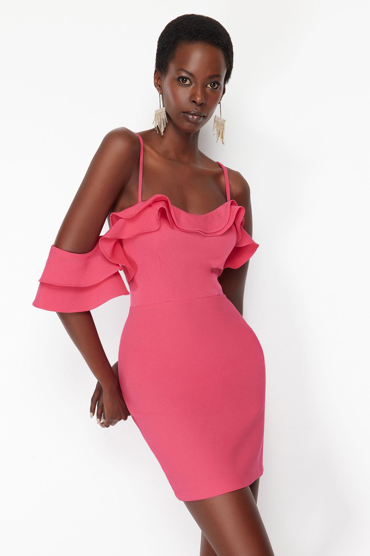 Trendyol Fuchsia Fitted Flounce Woven Short Elegant Evening Dress