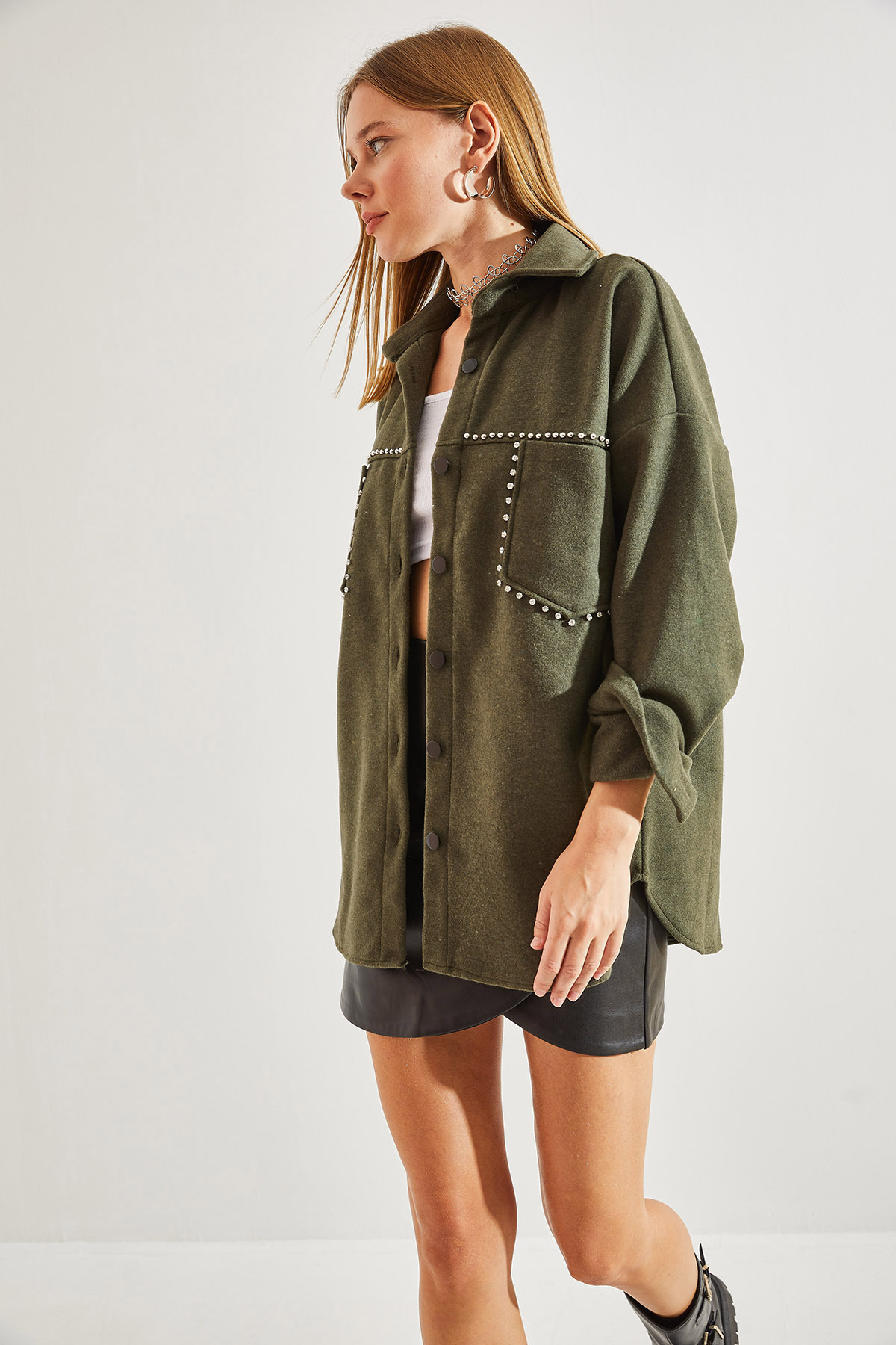 Jachetă Bianco Lucci Women's Stone Embroeded Cachet cu buzunare duble