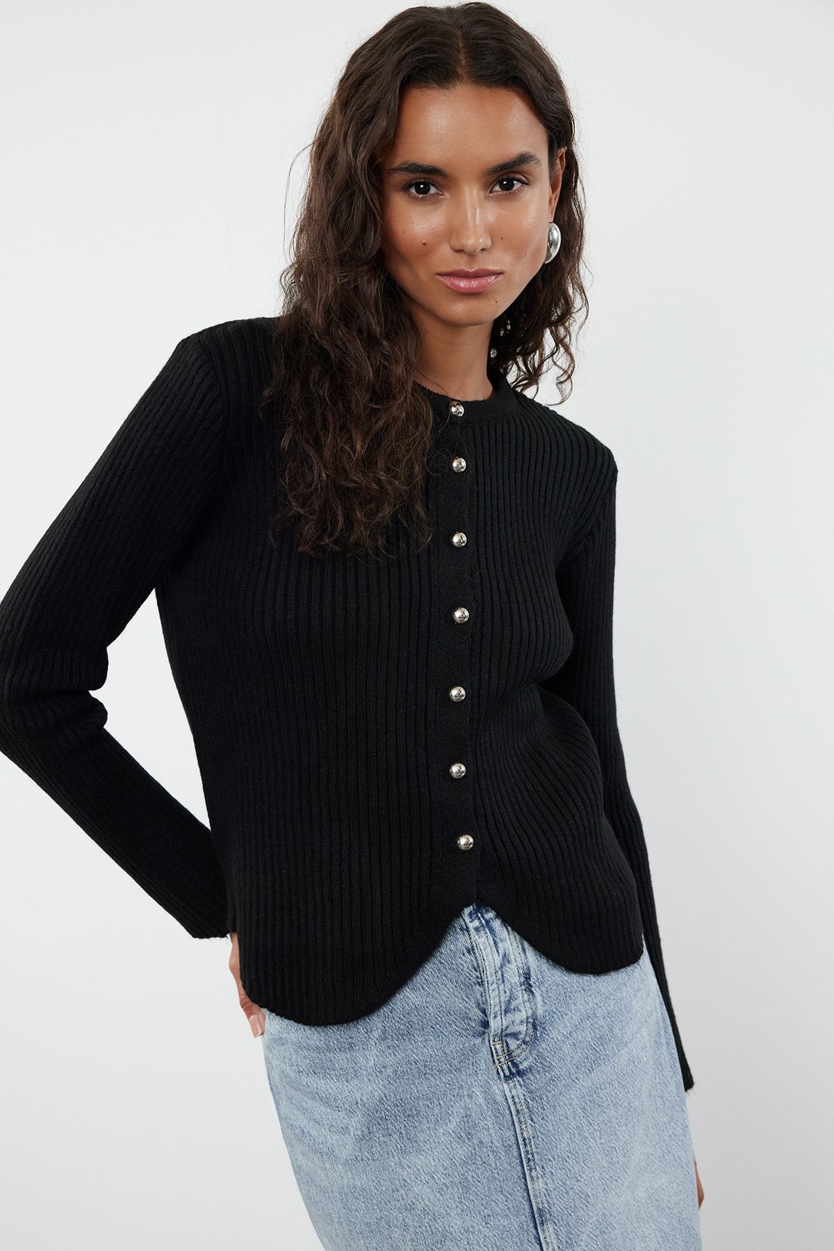 Trendyol Black Crew Neck Knitwear Cardigan