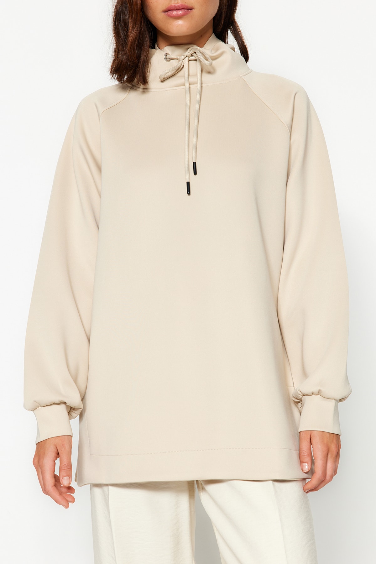 Trendyol Cream Hooded Diver/Scuba Knitted Sweatshirt