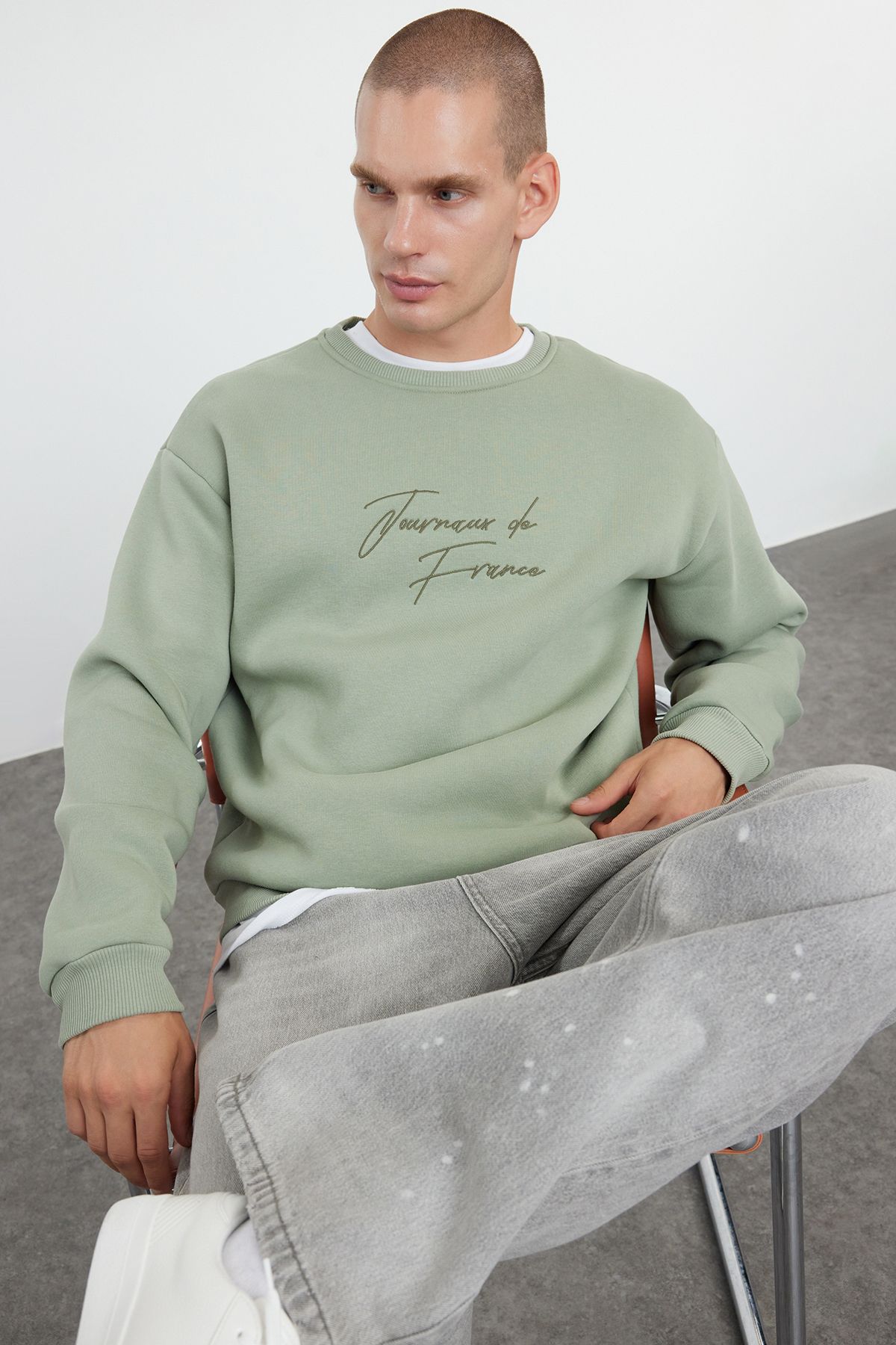 Trendyol Mint Oversize/Wide Cut Text Embroidered Crew Neck Sweatshirt