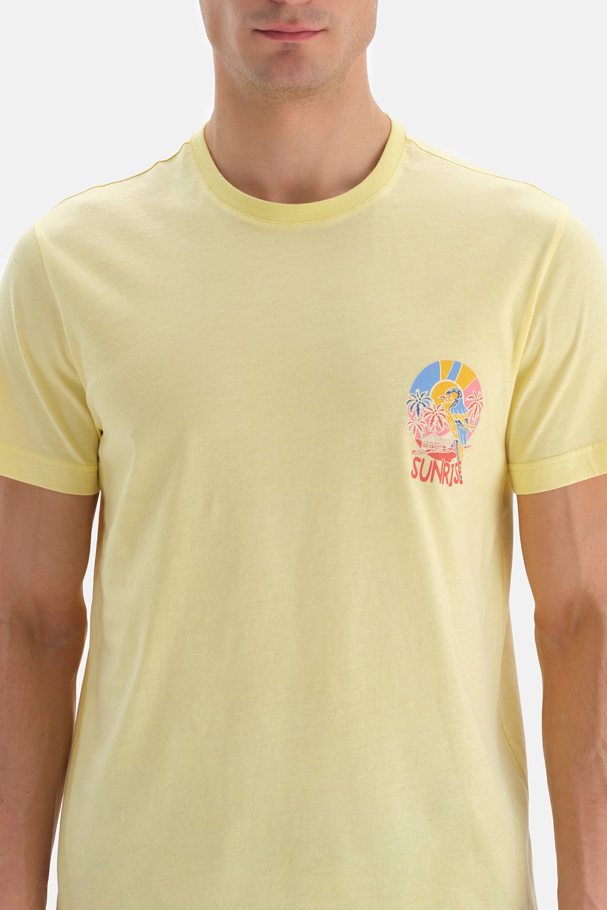 Levně Dagi Light Yellow Crew Neck Printed T-shirt