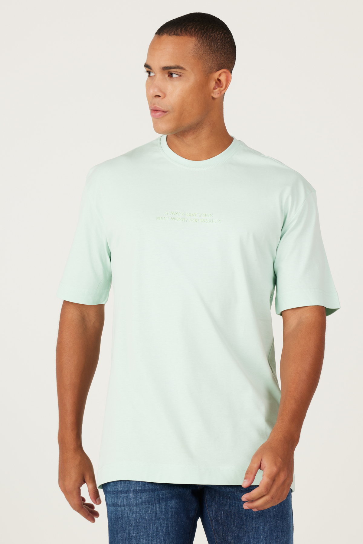 AC&Co / Altınyıldız Classics Men's Mint Oversize Loose Cut Crew Neck 100% Cotton Patterned T-Shirt