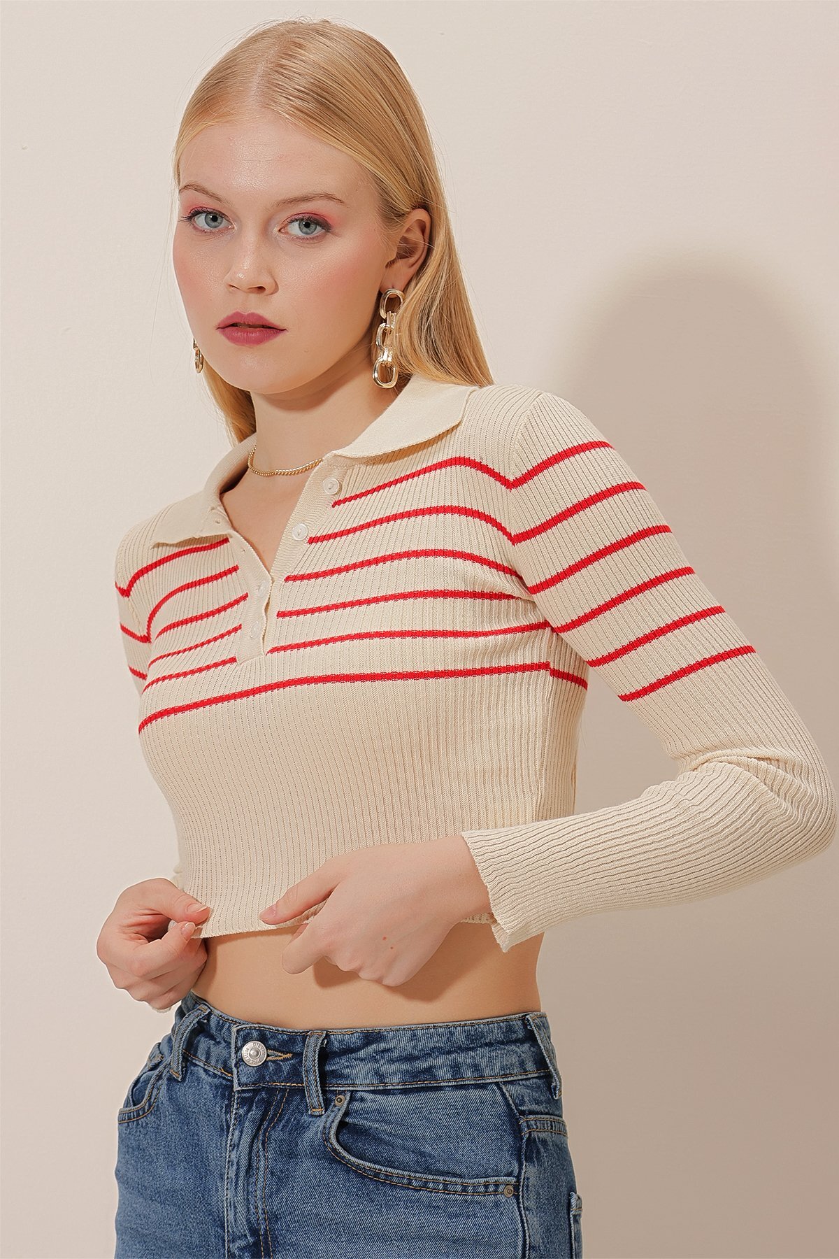 HAKKE Polo Neck Top Striped Knitwear Blouse