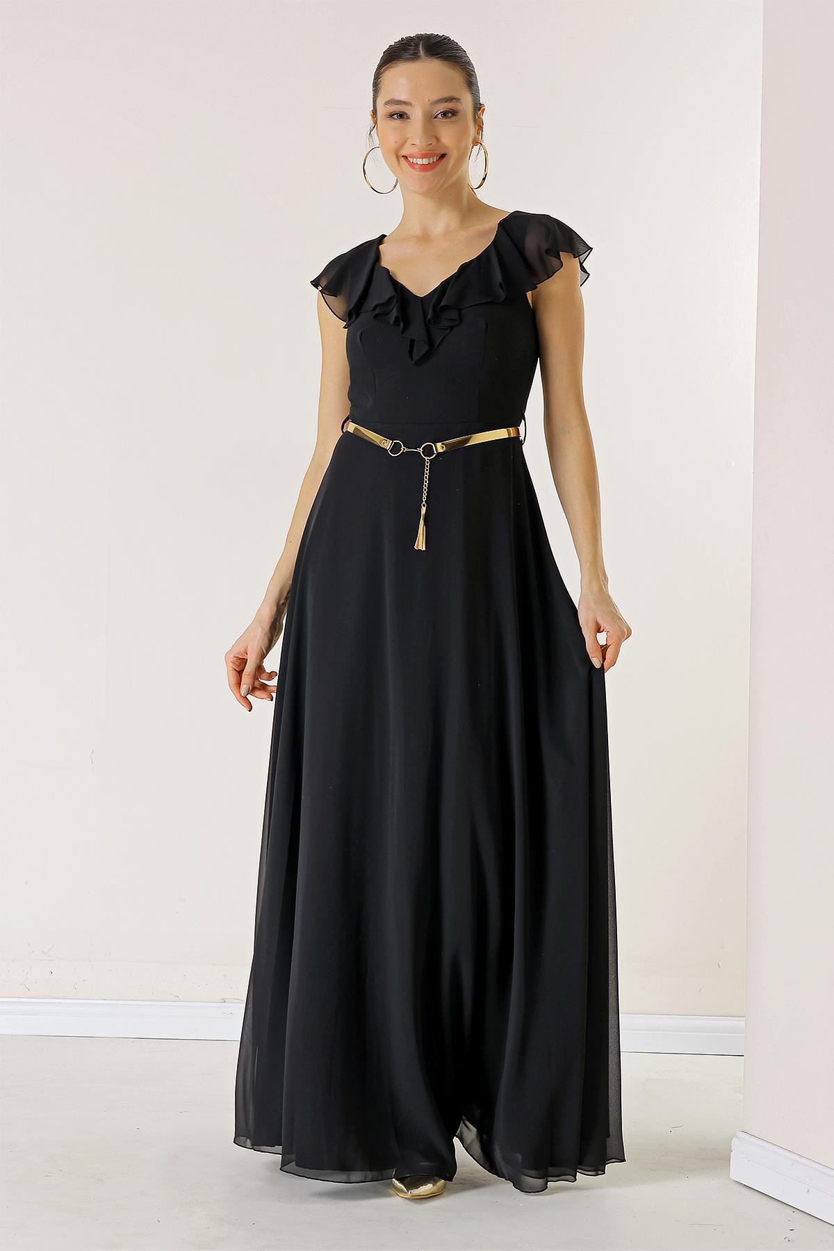 By Saygı Flounced Collar, Belted Waist, Lined Long Chiffon Dress