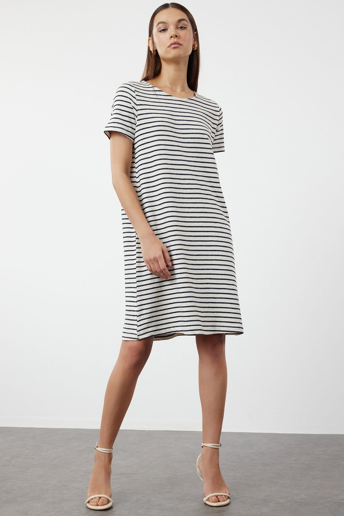 Trendyol Ecru Mini Knitwear Striped Dress