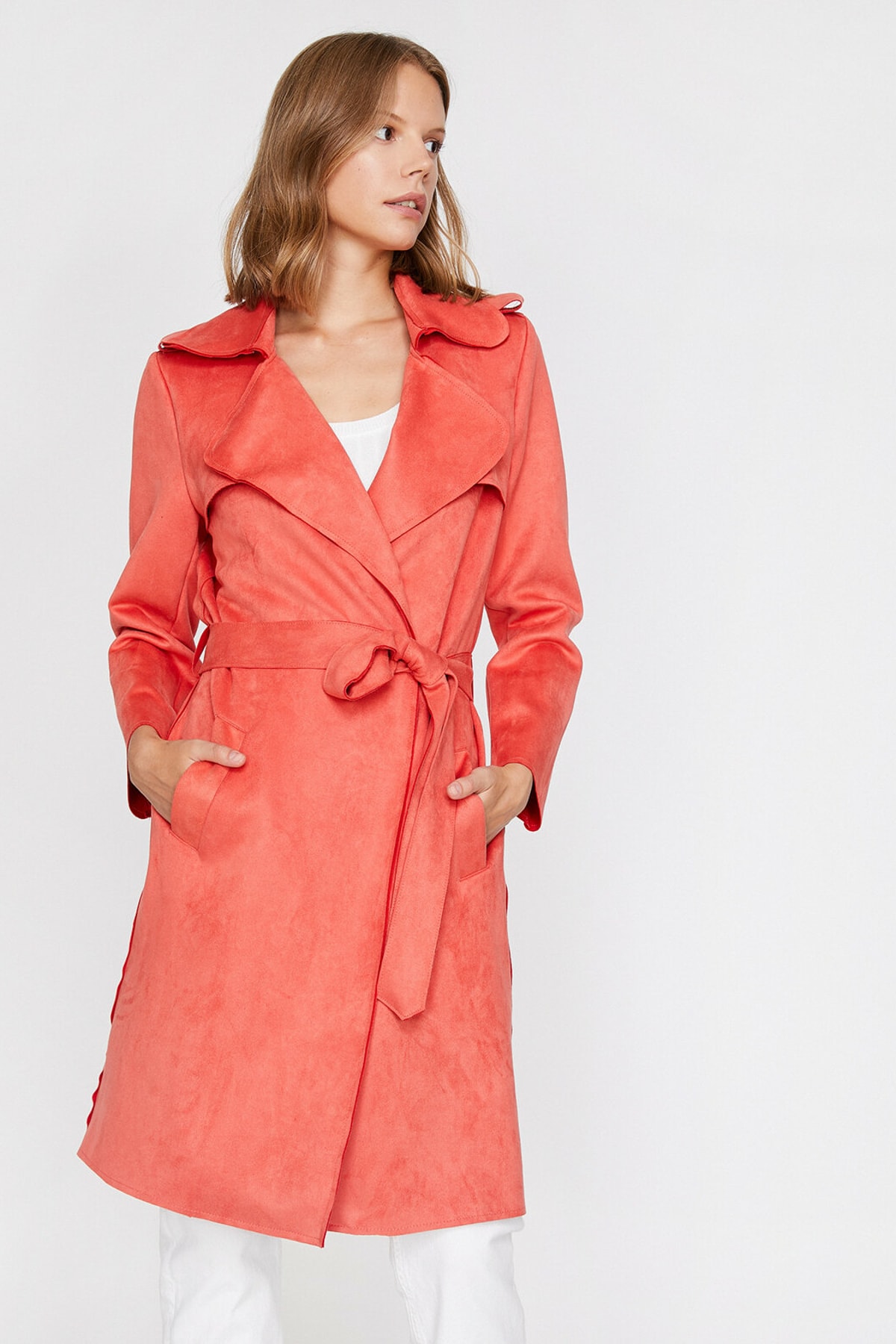 Koton Women's Red Suede-Look Trench Coat