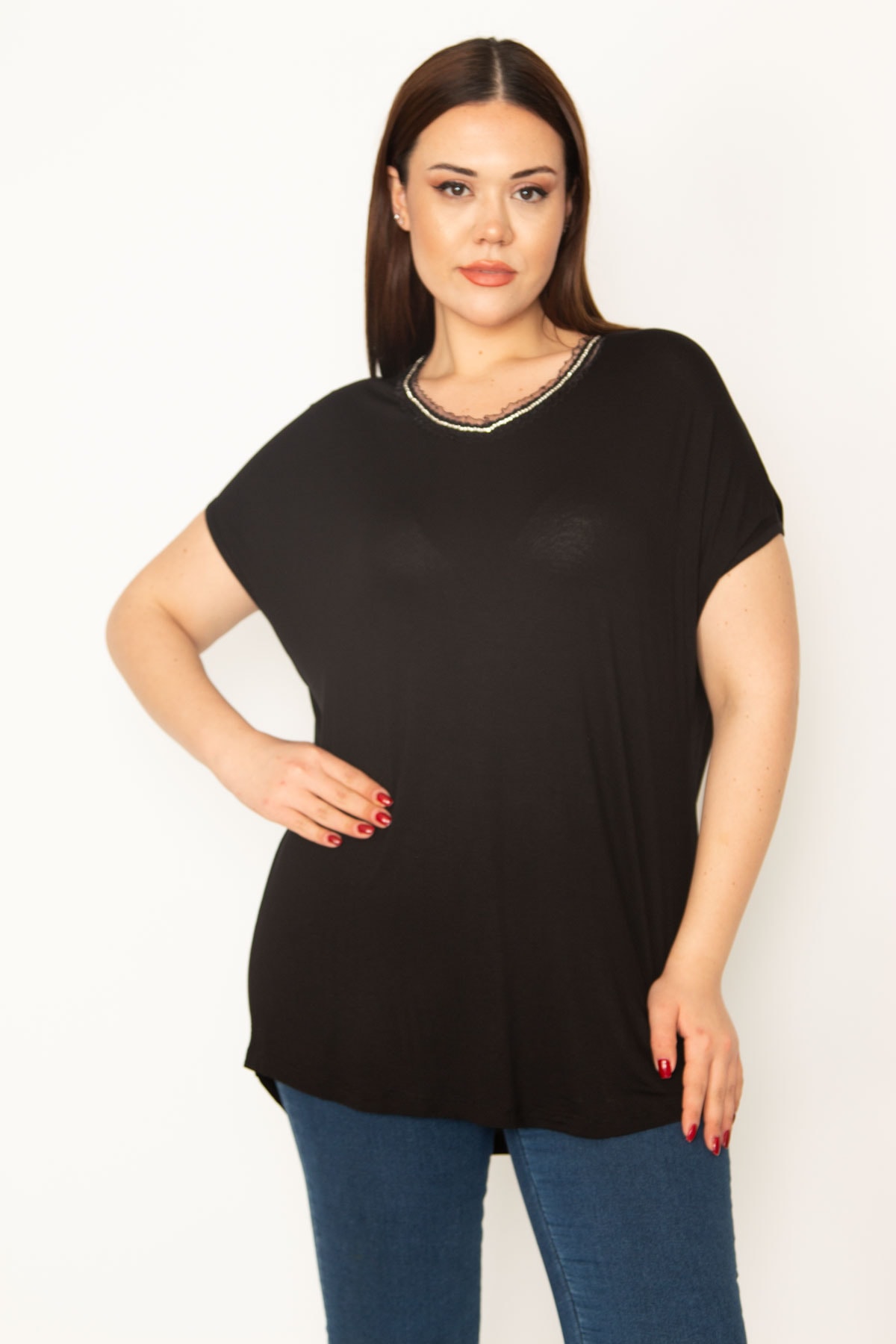 Levně Şans Women's Plus Size Black Collar Lace And Stone Detailed Viscose Blouse