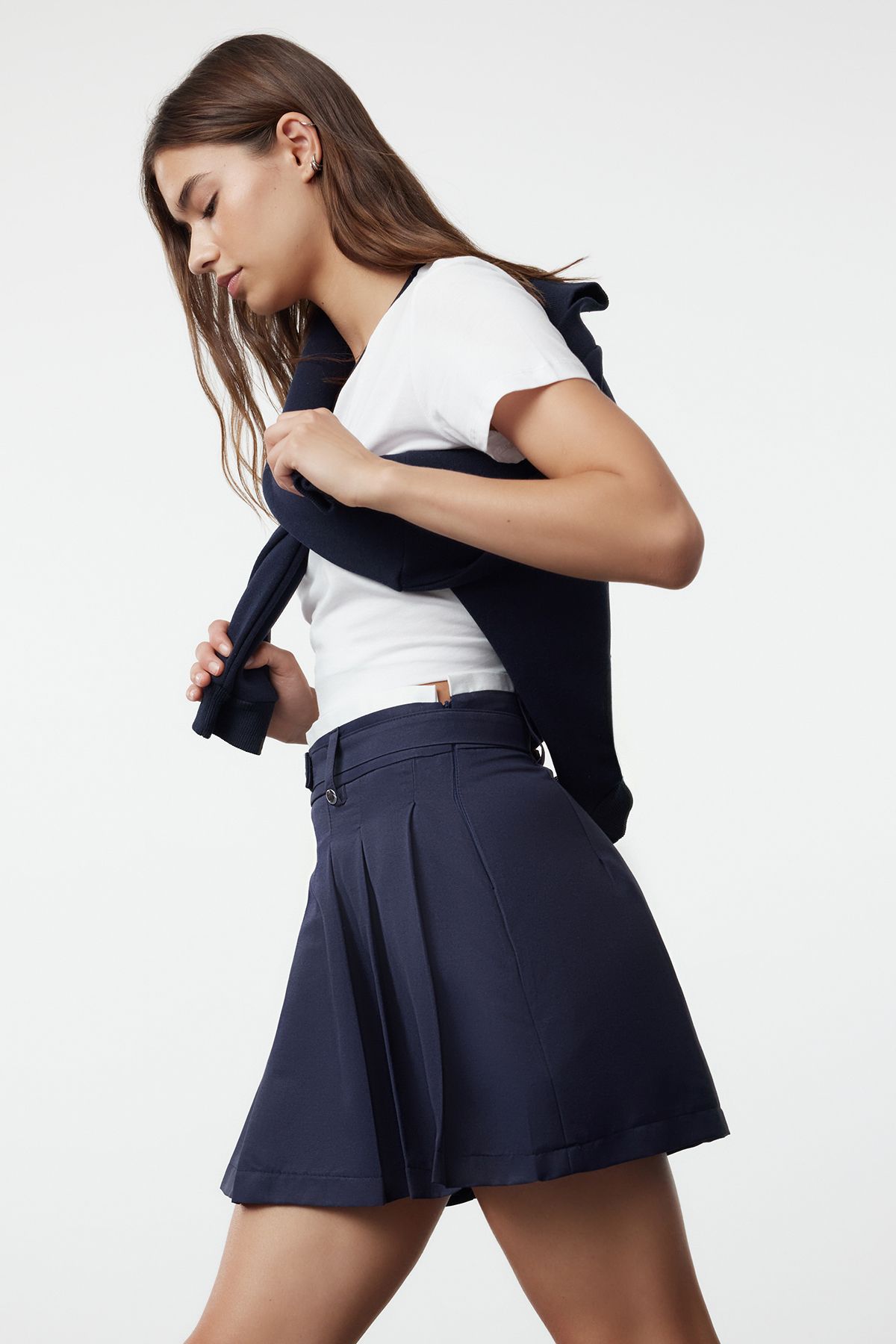 Trendyol Navy Blue Double Belt Detailed Pleated Mini Woven Skirt