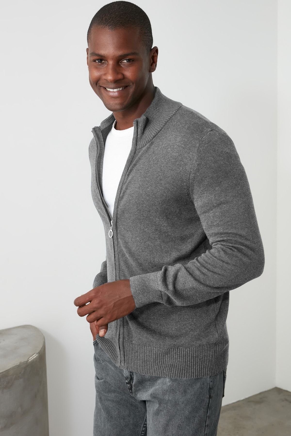 Trendyol Gray FL Men's Slim Half Turtleneck Plain Knitwear Cardigan