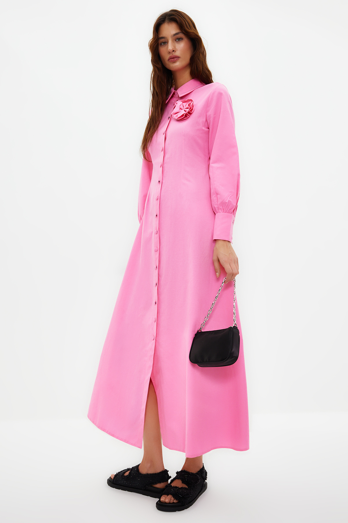 Levně Trendyol Pink Floral Detailed Woven Shirt Dress