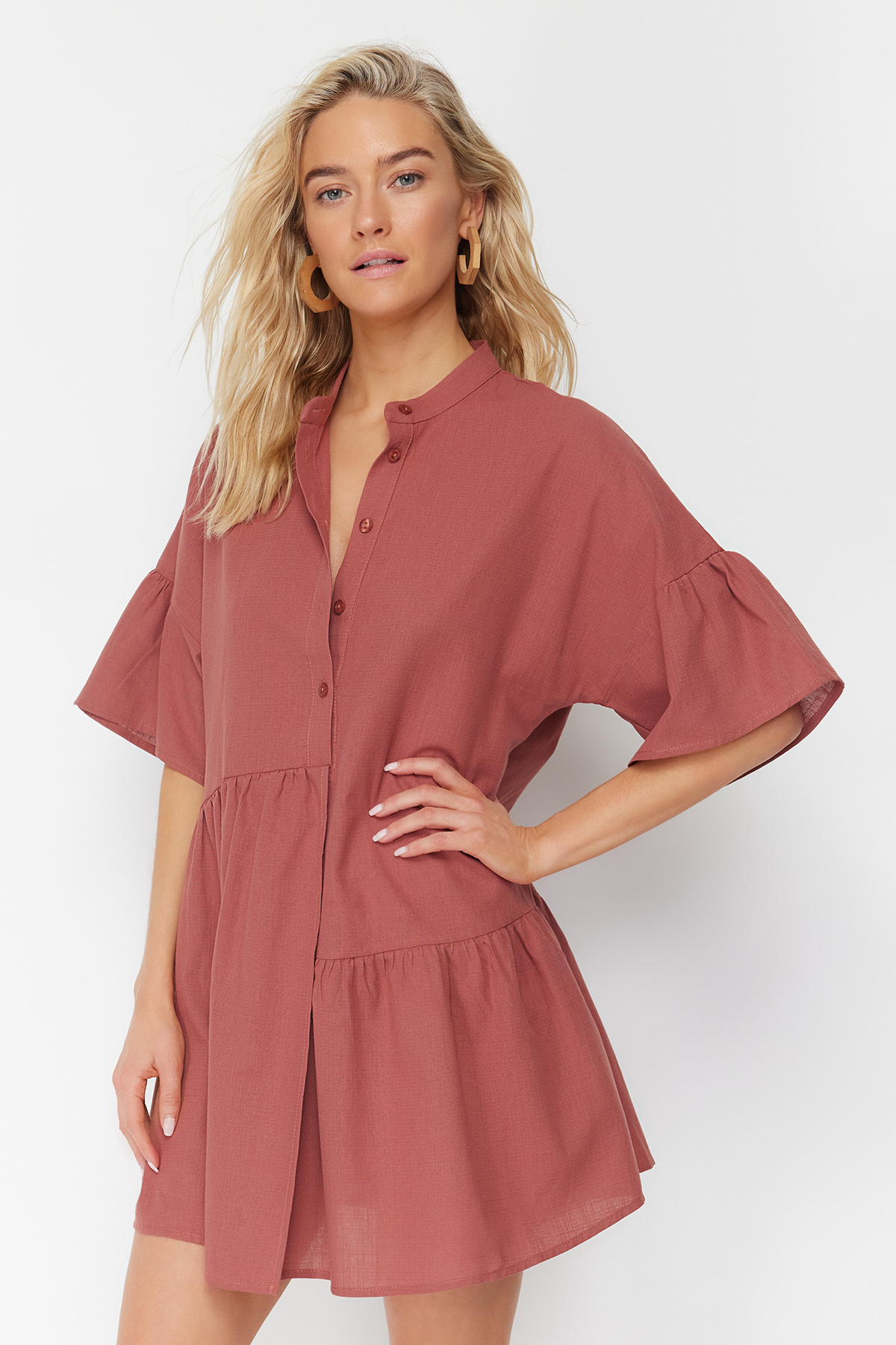 Trendyol Tile Wide Fit Mini Woven Flounce 100% Cotton Beach Dress