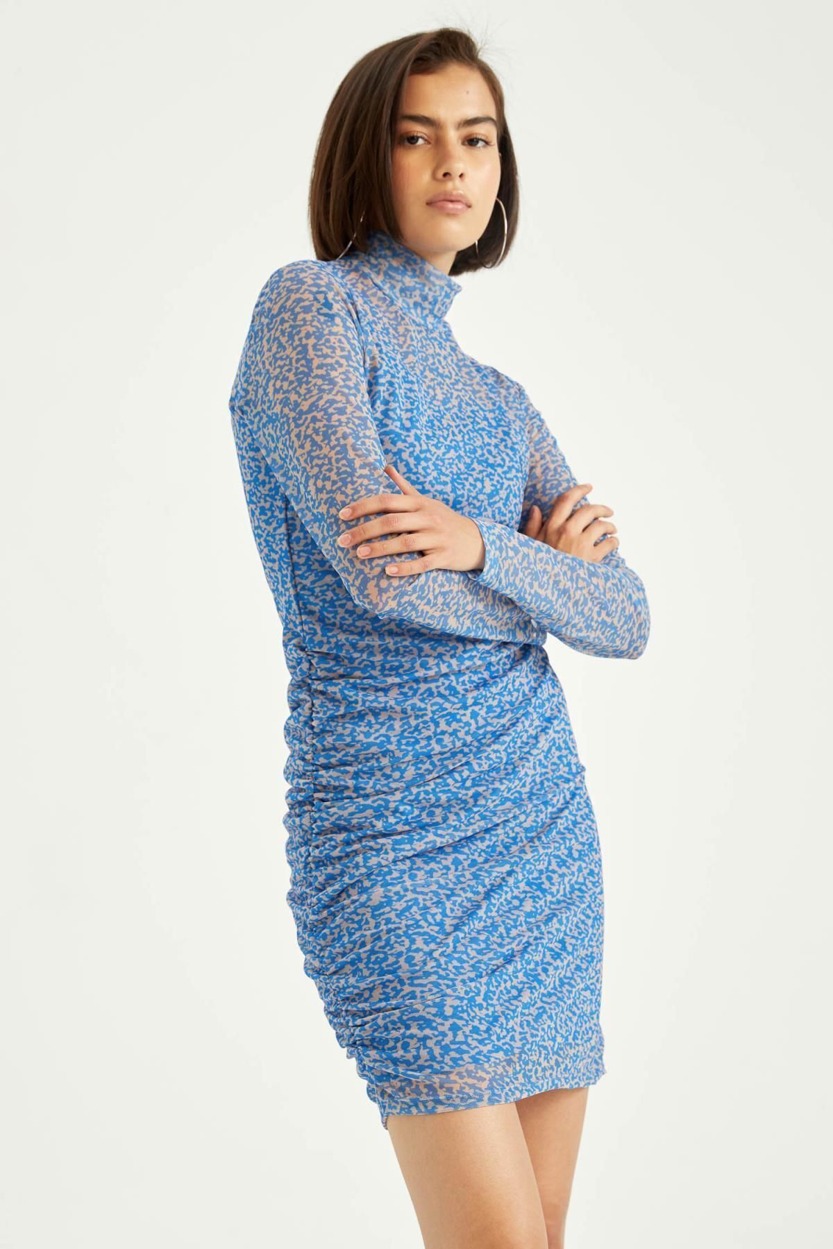 DEFACTO Bodycon Bodycon Half Turtleneck Patterned Tulle Long Sleeve Mini Dress