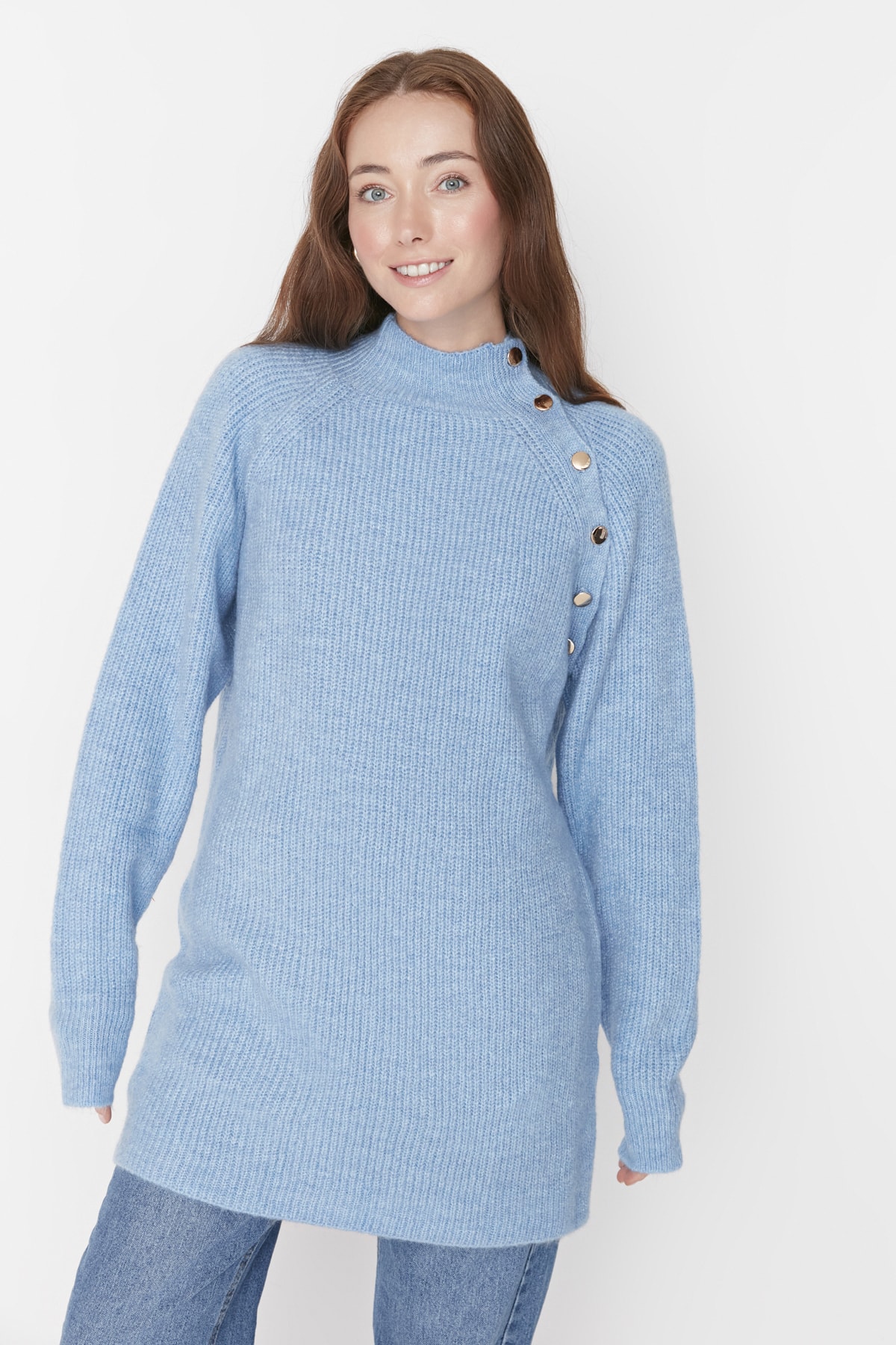 Trendyol светло синьо стендъп яка трикотаж пуловер с бутони