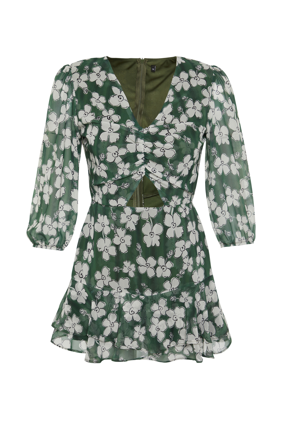 Trendyol Green Floral Patterned Cut Out Detailed Mini Lined Chiffon Woven Jumpsuit
