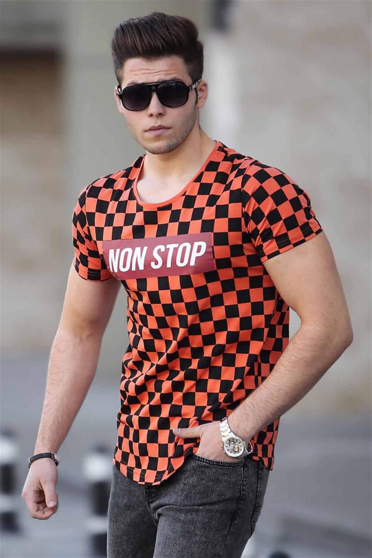 Madmext Checkered Print Orange T-Shirt 2621