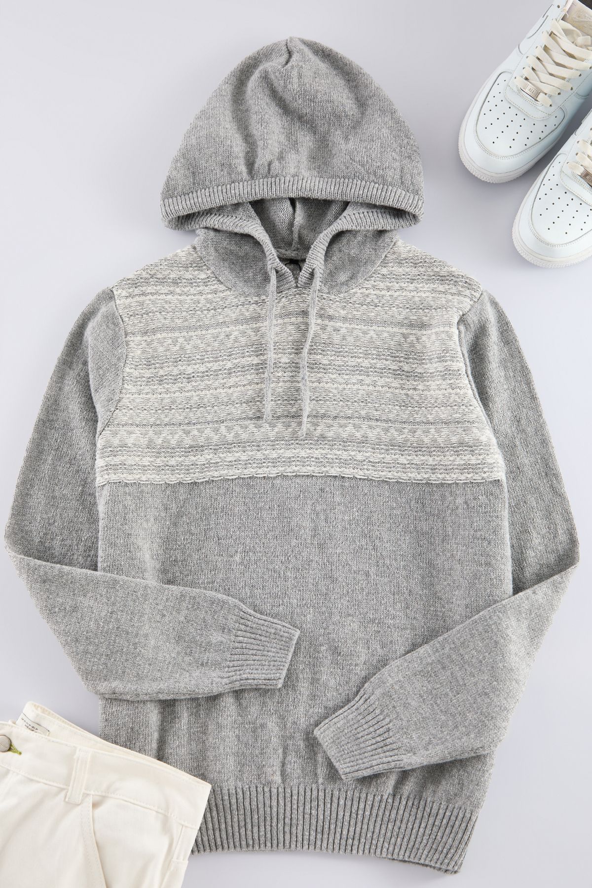 Trendyol Gray Slim Hooded Ethnic Knitwear Sweater