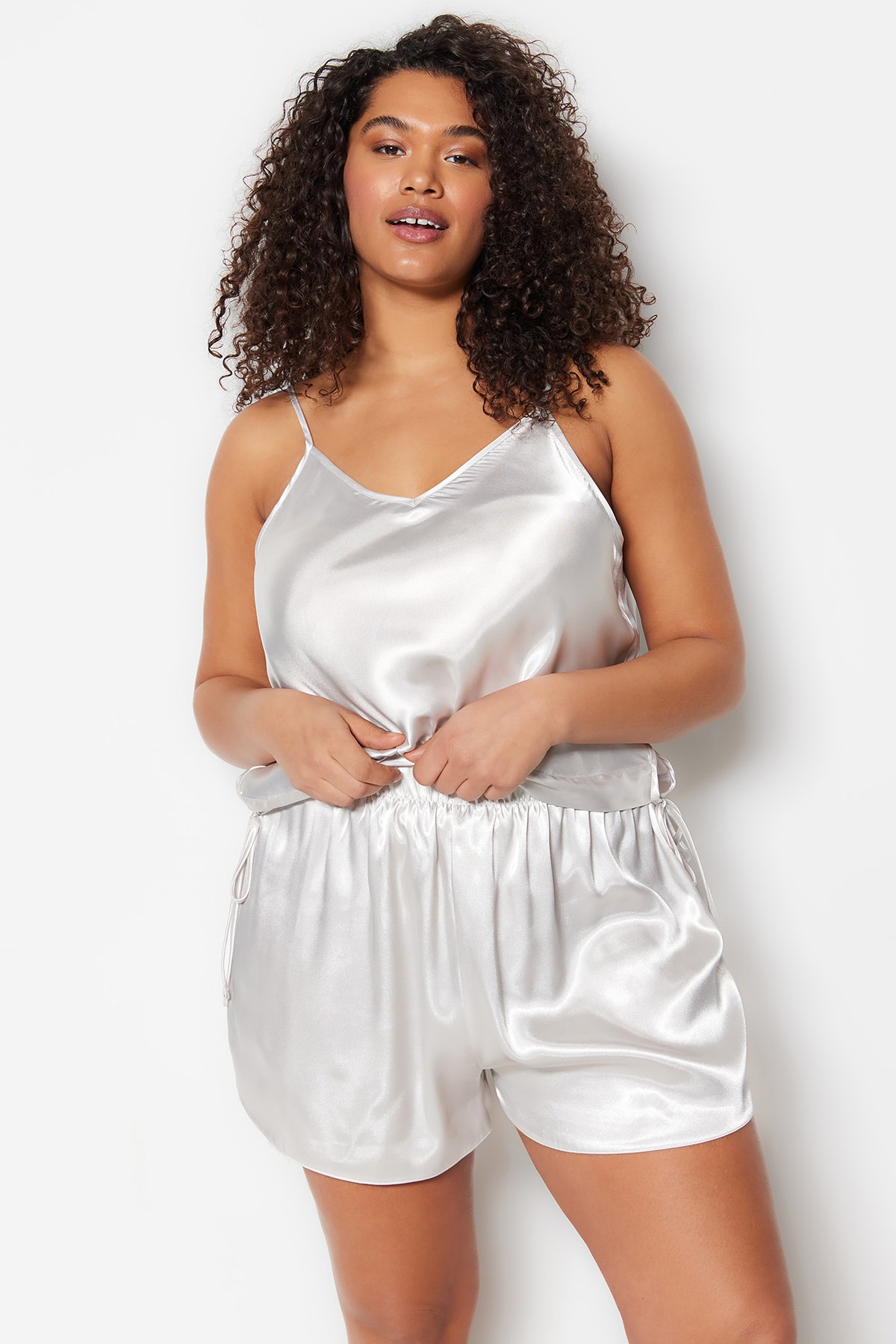 Trendyol Curve Beige Satin Woven Tie Side Pajamas Set