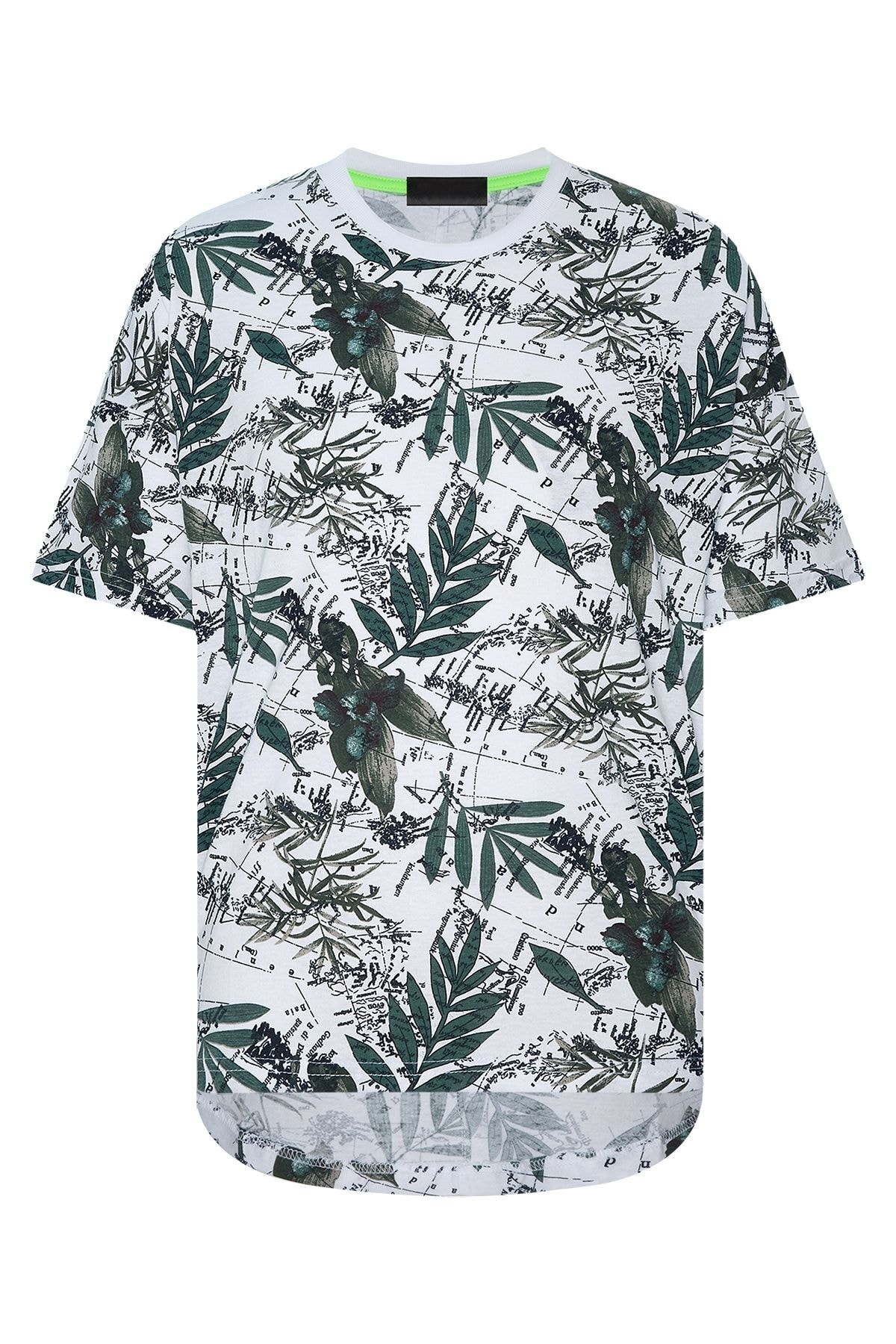 XHAN Biele & Zelené & Čierne listové vzor oversized tričko 2xe2-45936-01