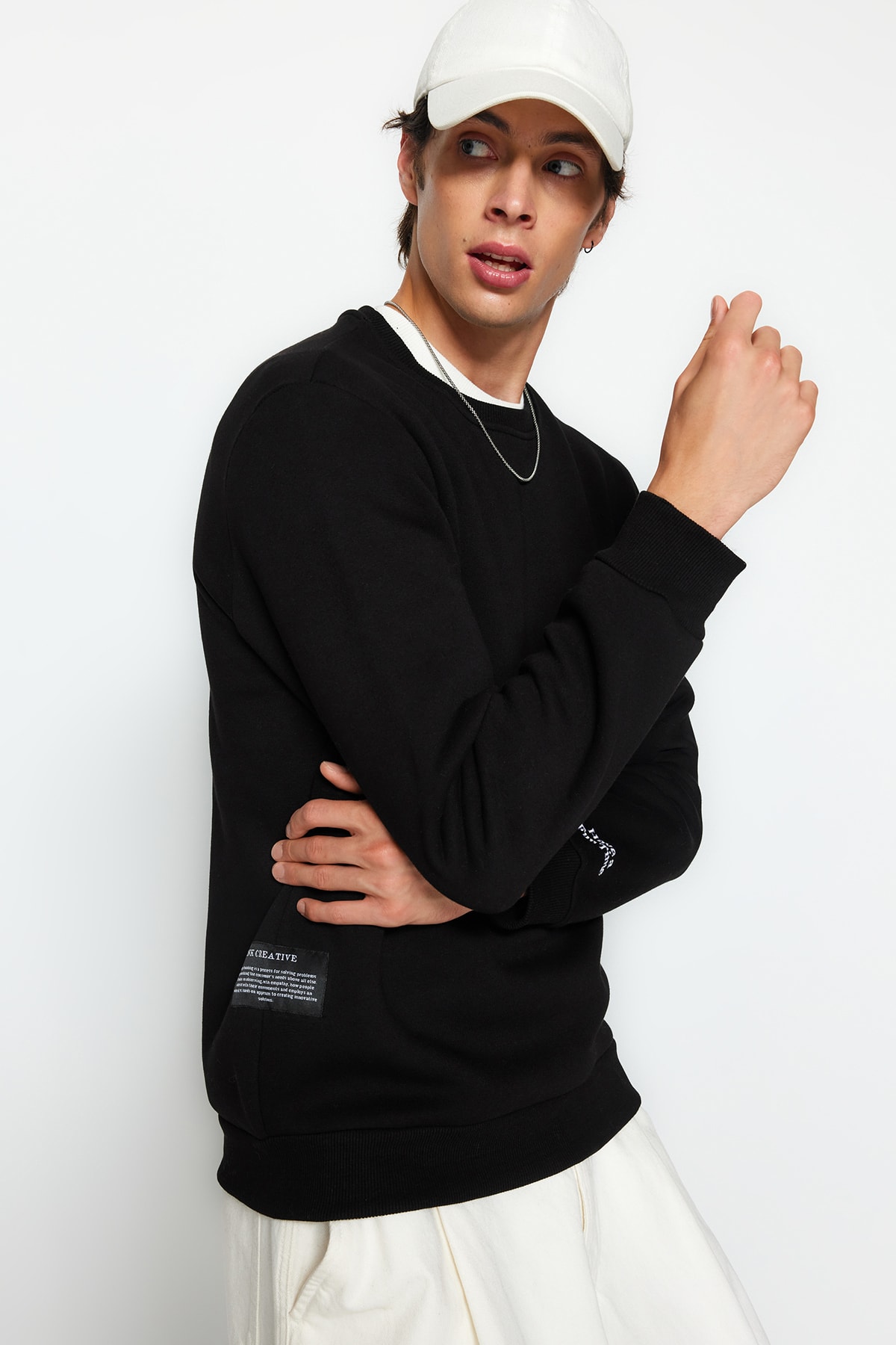Trendyol Men's Black Regular/Normal Fit Labeled Sleeve Letter Embroidered Cotton Fleece Fleece Thick Sweatshirt