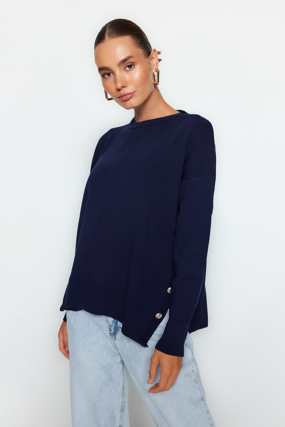 Trendyol Navy Blue Button Detailed Knitwear Sweater
