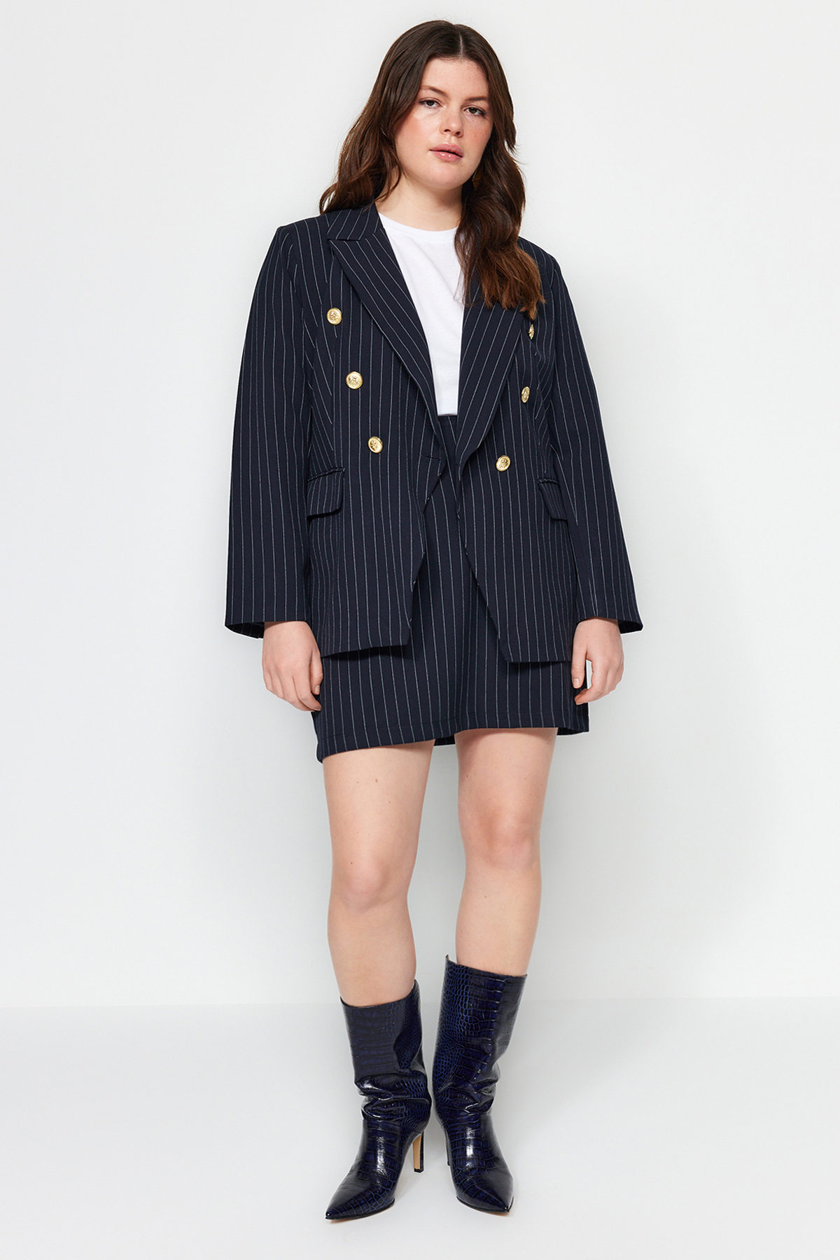Trendyol Curve Navy Blue Striped Button Detailed Woven Jacket