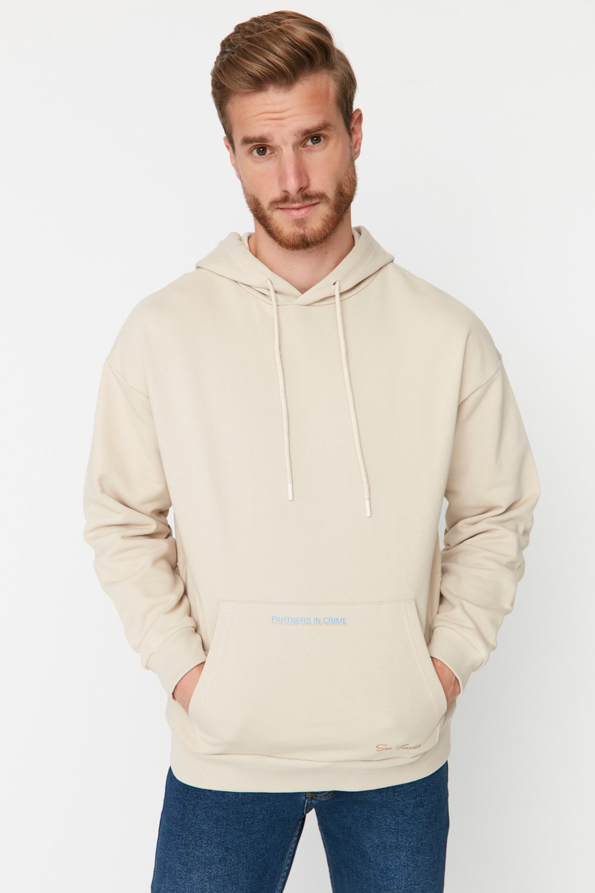 Trendyol Beige Basic Oversize/Wide Cut Fit Hooded Printed Sweatshirt