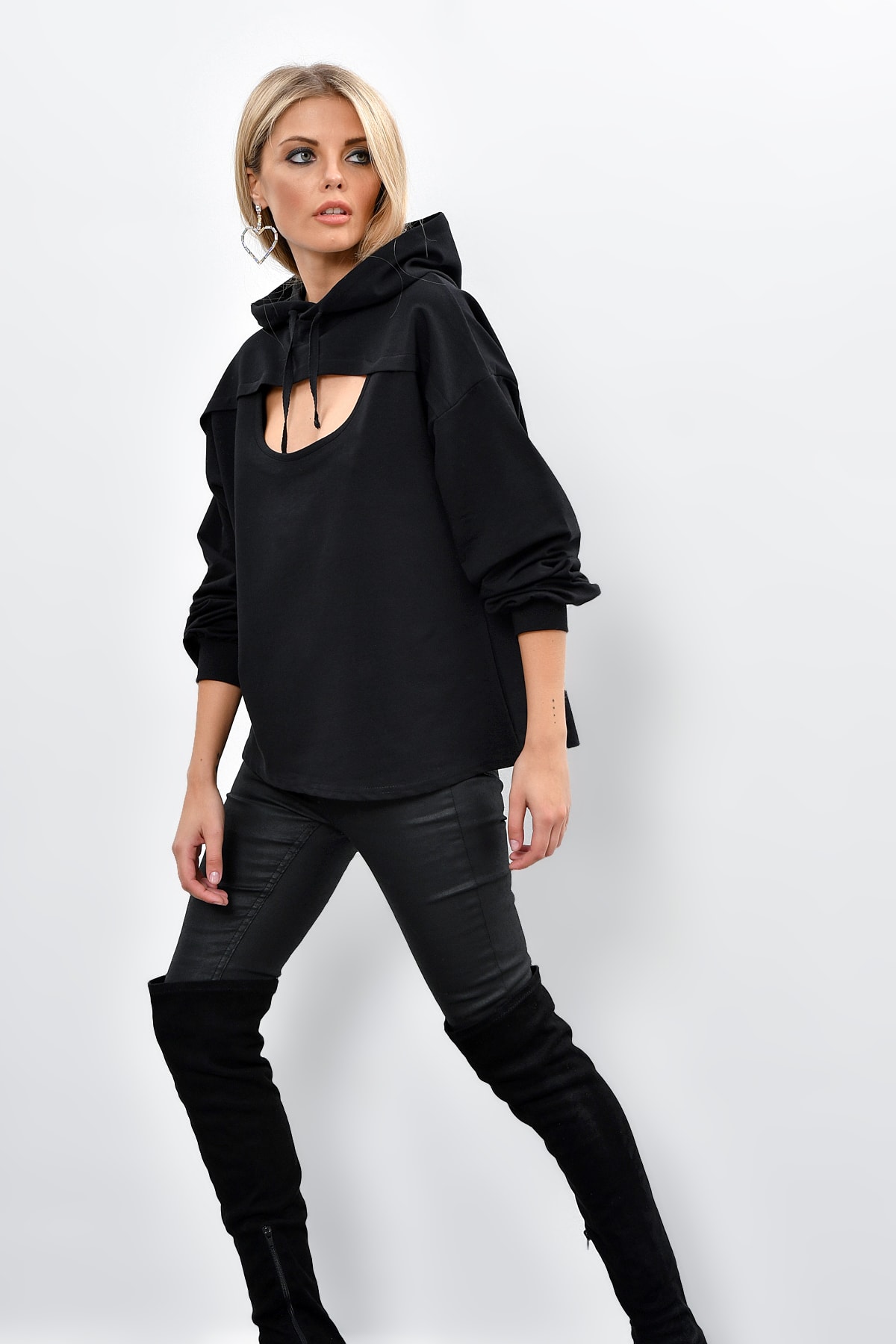Cool & Sexy Women's Black Hooded Sweatshirt with Front Window Yi1669
