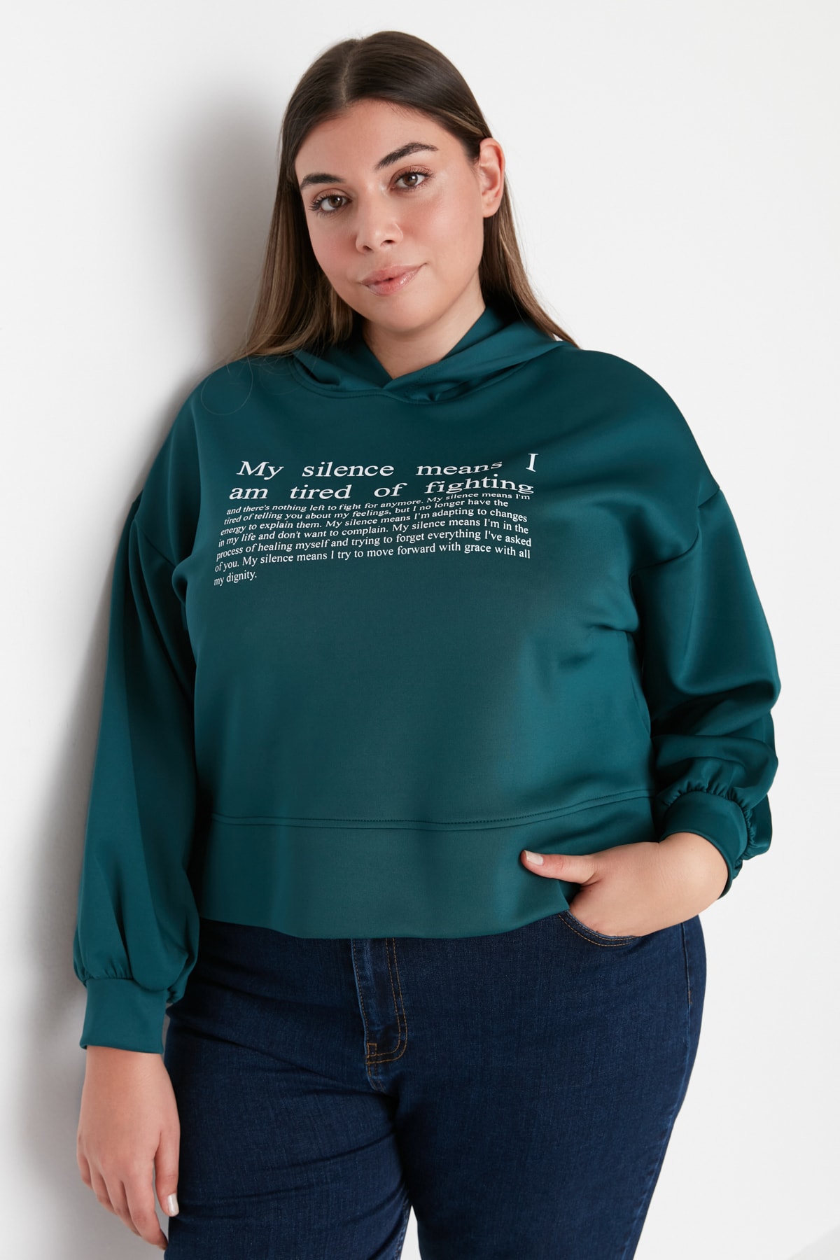 Levně Trendyol Curve Petrol Green Hoodie with Printed Scuba/Scuba Diving Crop Knitted Sweatshirt