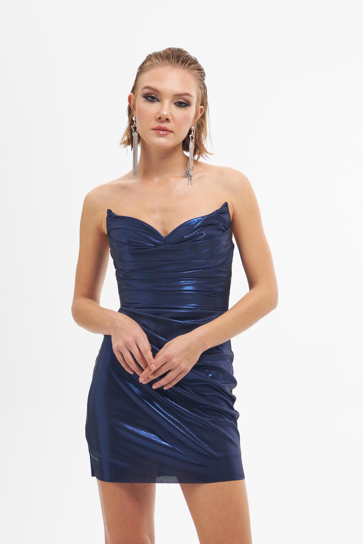 Carmen Navy Blue Shiny Knitted Strapless Short Evening Dress