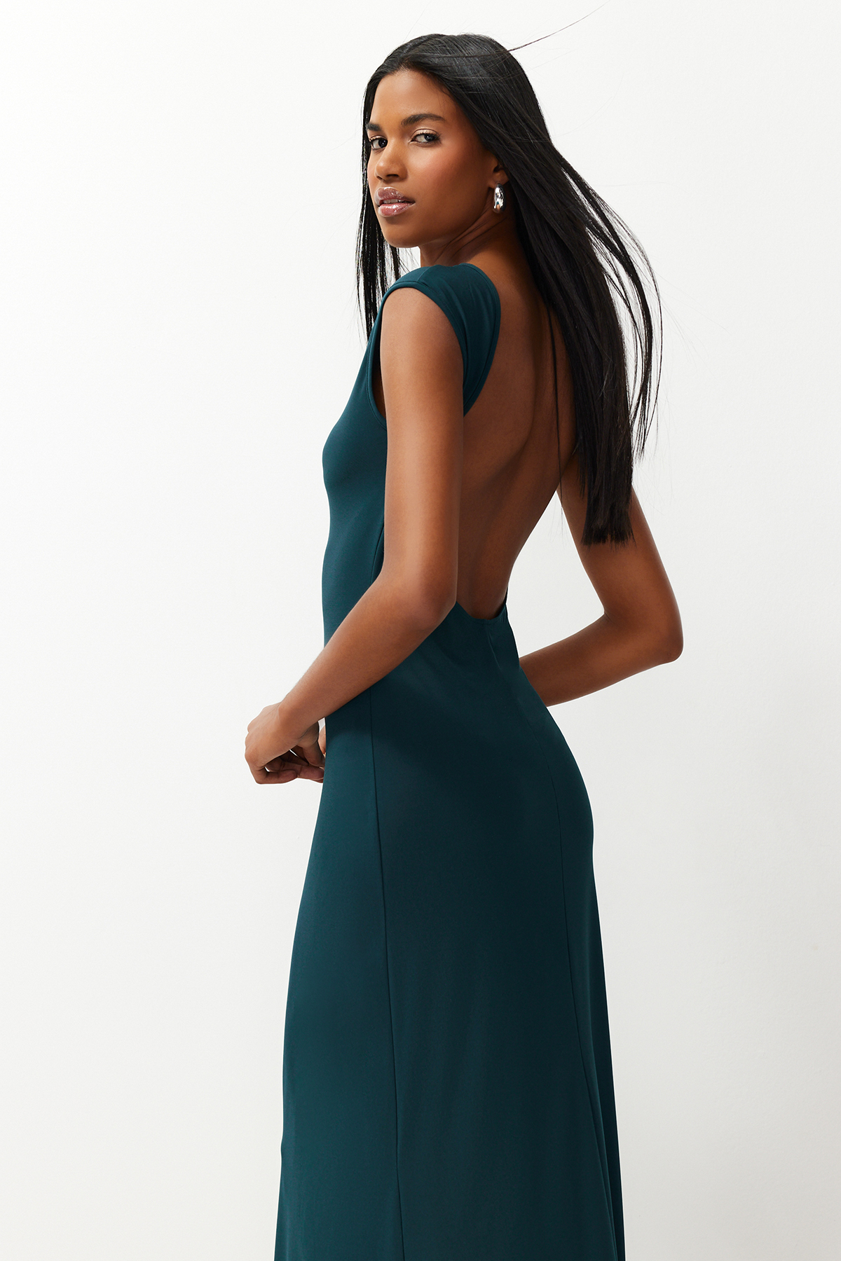 Trendyol Emerald Green Backless Fitted Maxi Knitted Maxi Flexible Pencil Dress