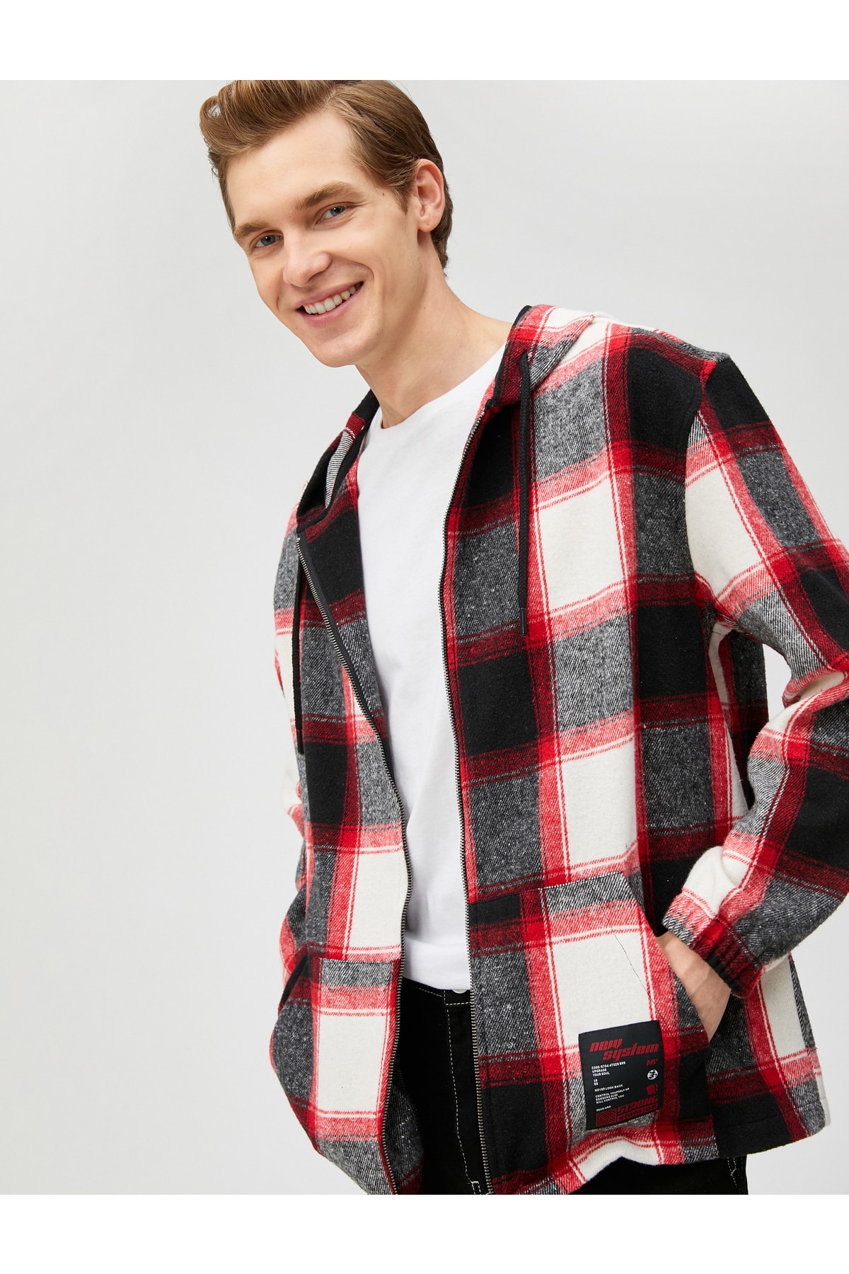 Levně Koton Checkered Hoodie Sweatshirt with Pockets with Labels Printed