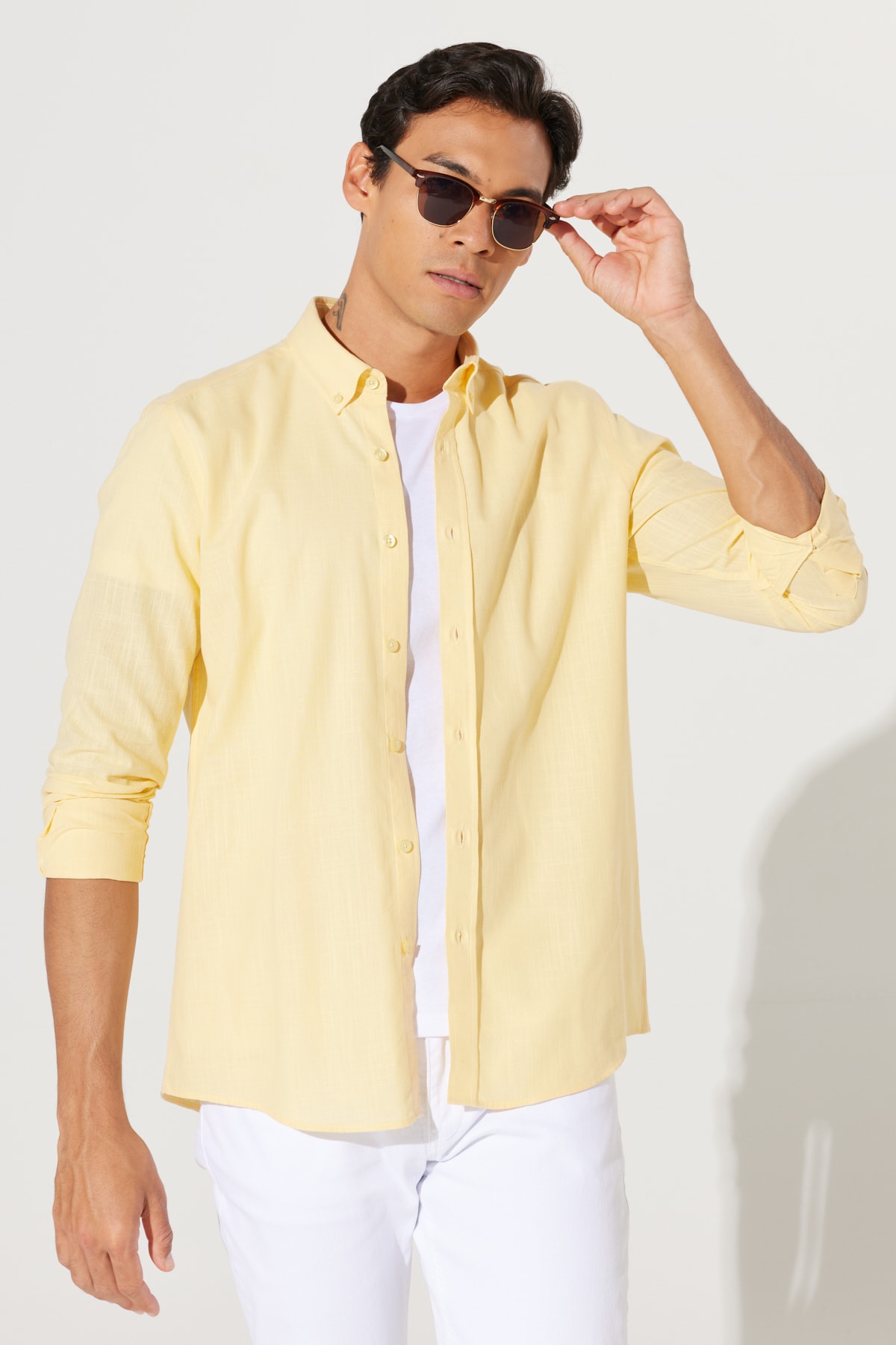 AC&Co / Altınyıldız Classics Men's Yellow Tailored Slim Fit Slim Fit Buttoned Collar Linen Look 100% Cotton Flamed Shirt