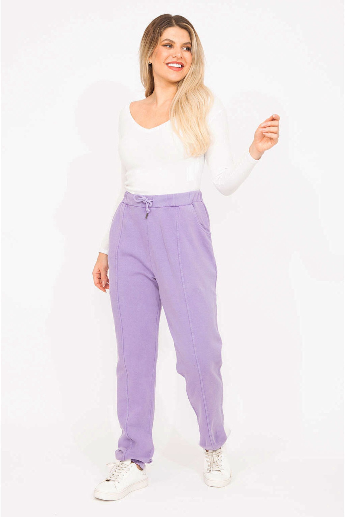 Levně Şans Women's Plus Size Lilac 3-Thread Fabric, Cup Stitched Tracksuit Bottom