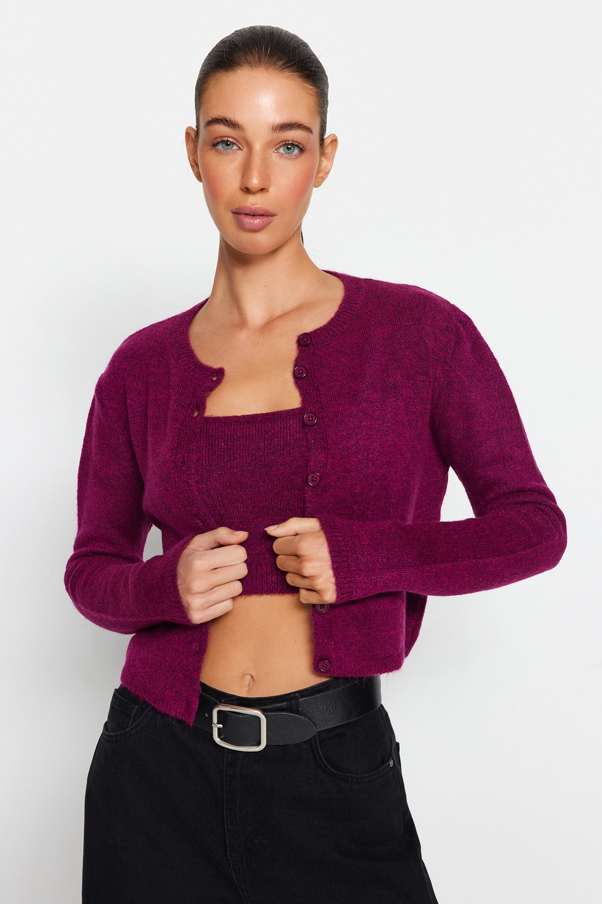Levně Trendyol Purple Crop Soft Textured Button Detailed Blouse Cardigan Knitwear Suit