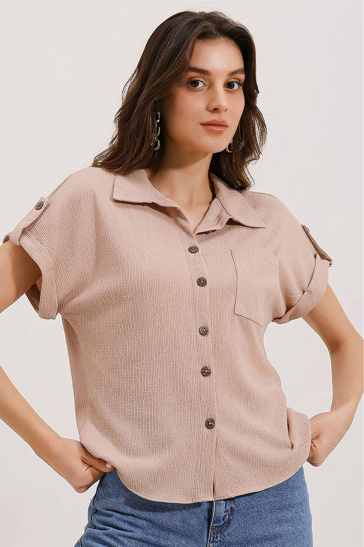 Levně Bigdart 20187 Short Sleeve Oversize Knitted Shirt - Biscuit
