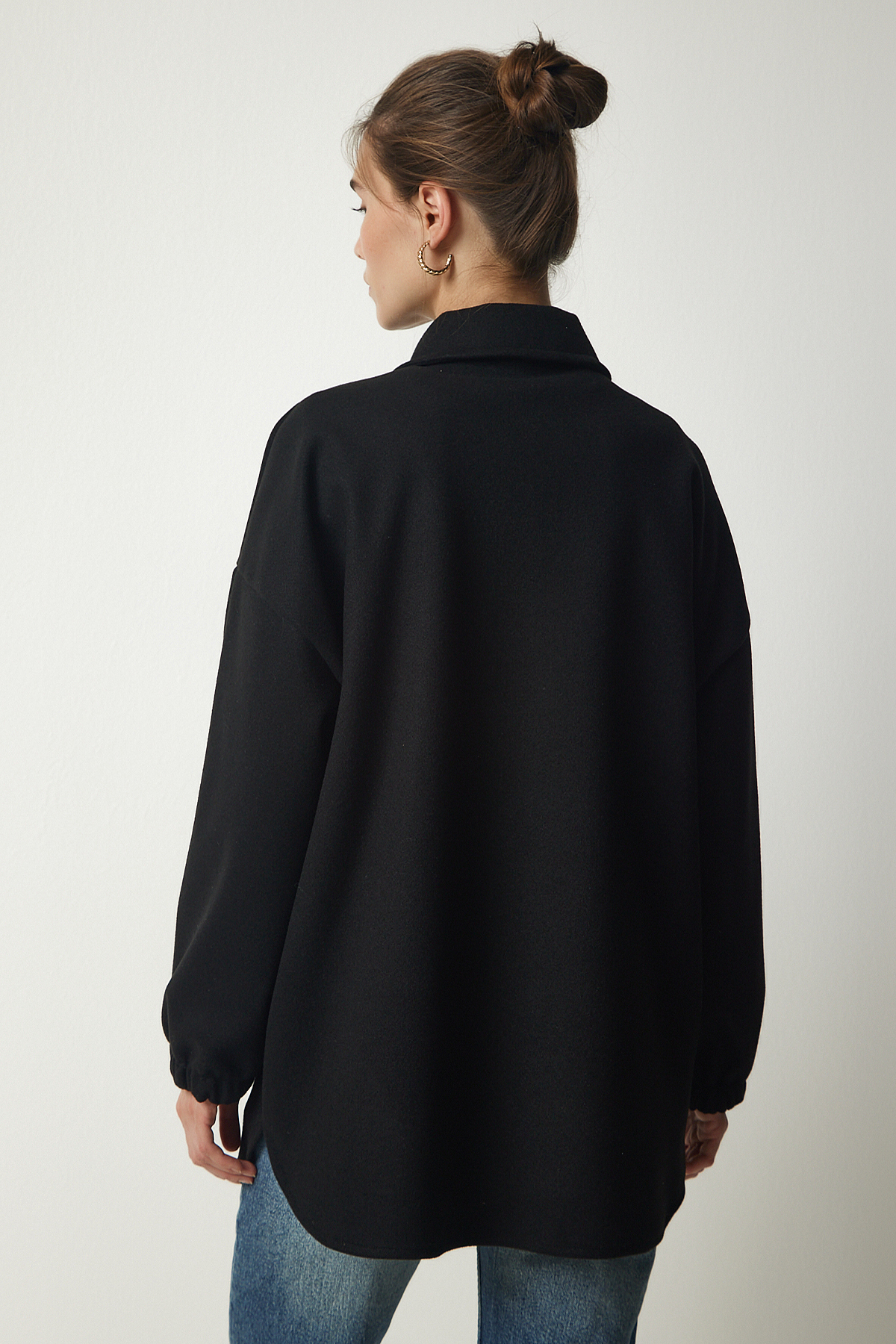 Fericire İstanbul femei negru nasturi buzunar oversize sacou cămașă