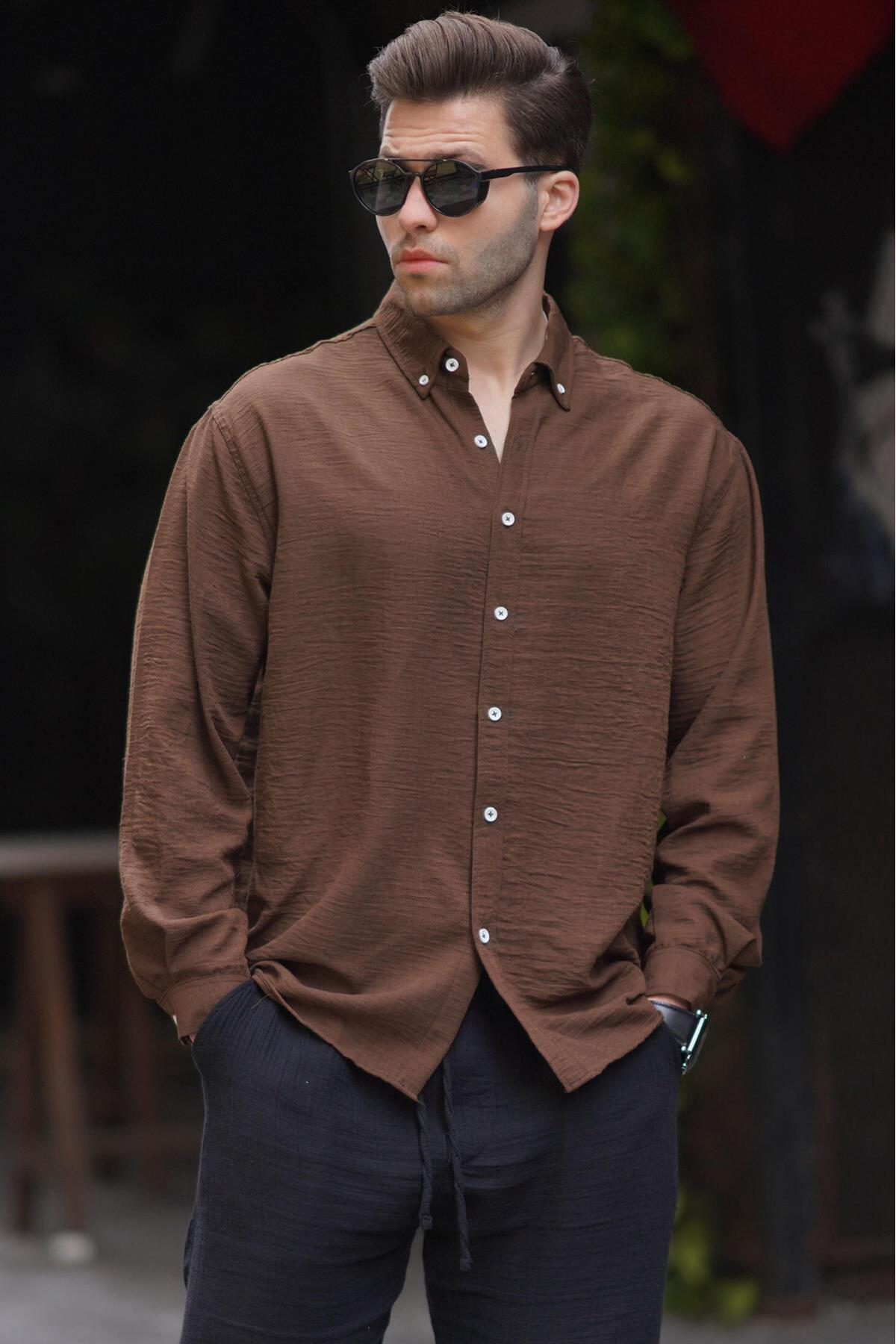 Madmext Men's Brown Long Sleeve Oversize Shirt 6735