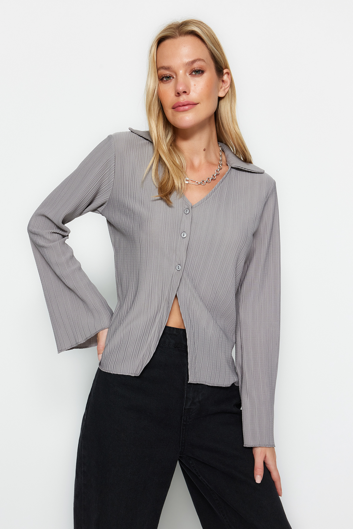 Trendyol Gray Pleated Flare/Spanish Sleeve Knitted Shirt